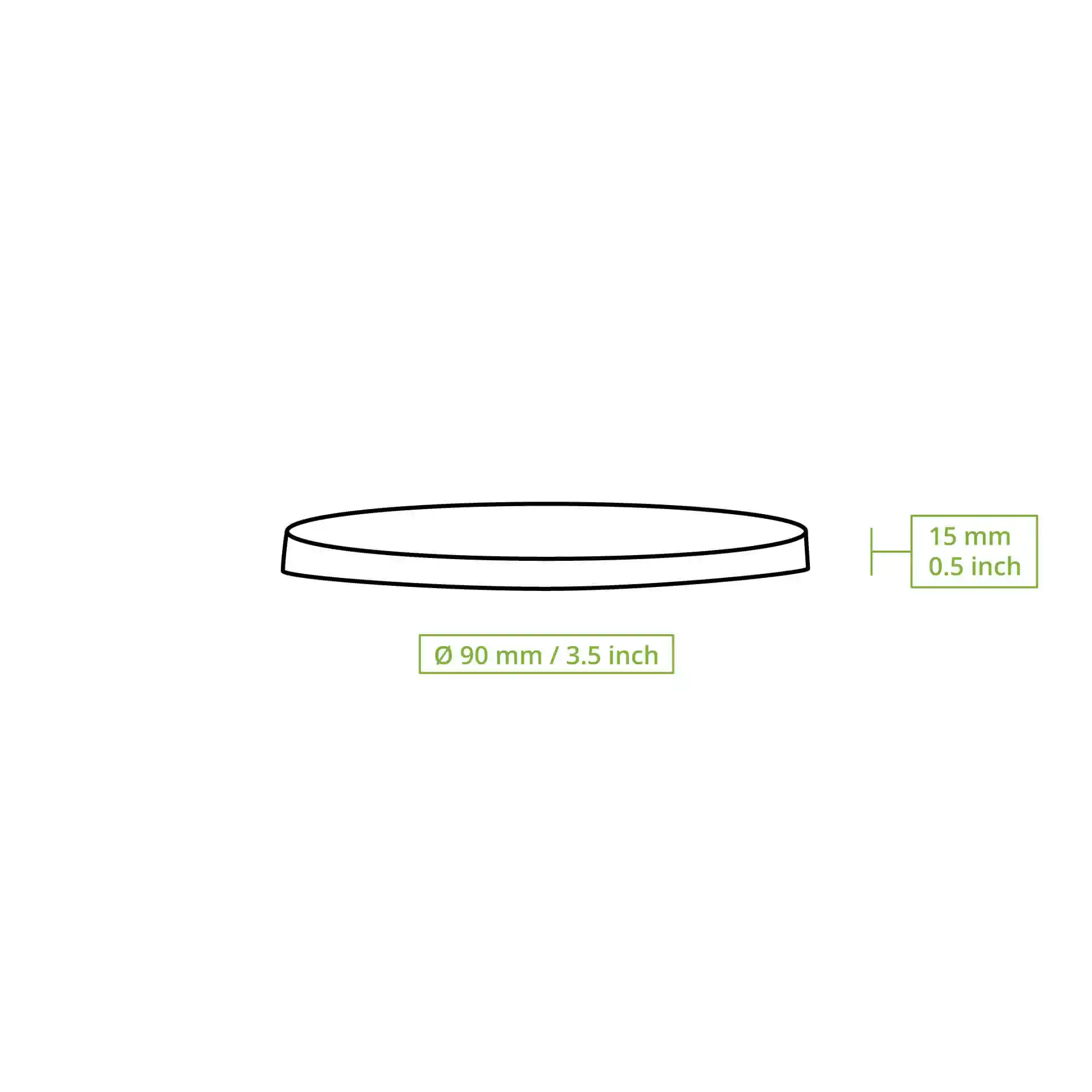 Schematische Zeichnung eines runden Kartondeckels mit einem Durchmesser von 90 mm und einer Höhe von 15 mm.