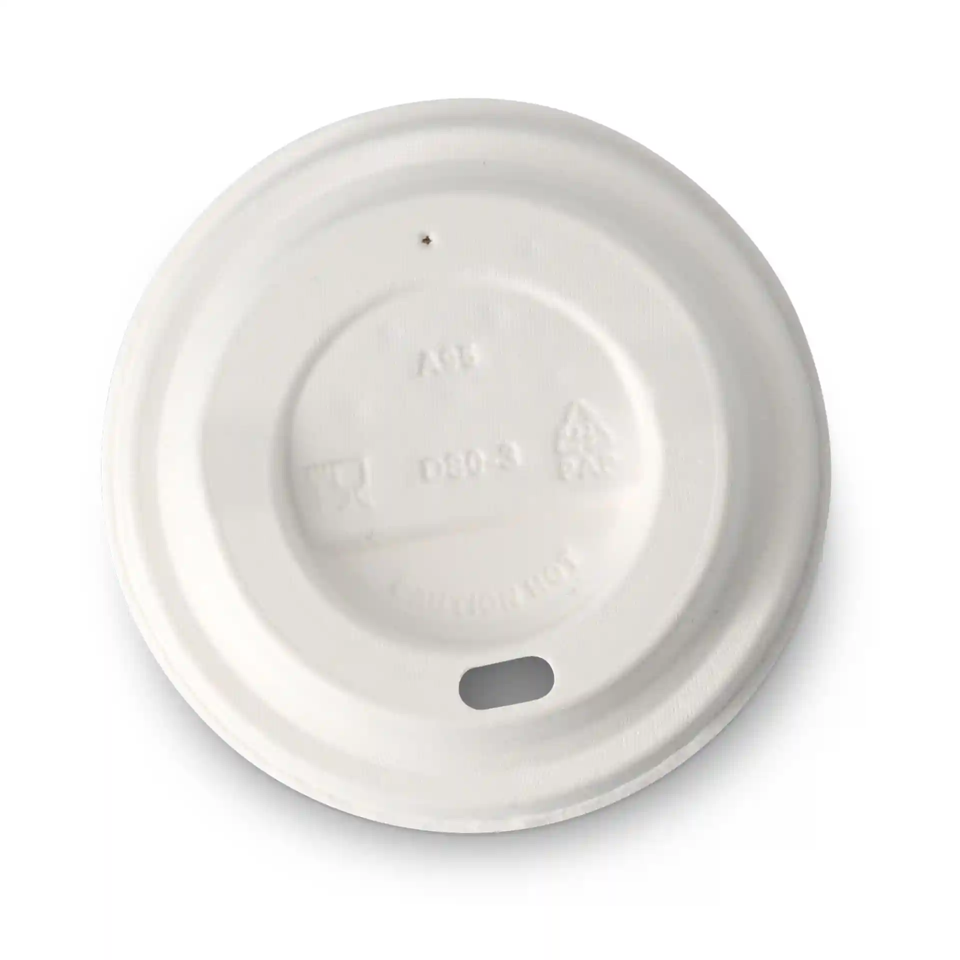 White paperboard lid with a drinking opening, measuring 80 mm in diameter and 23 mm in height.