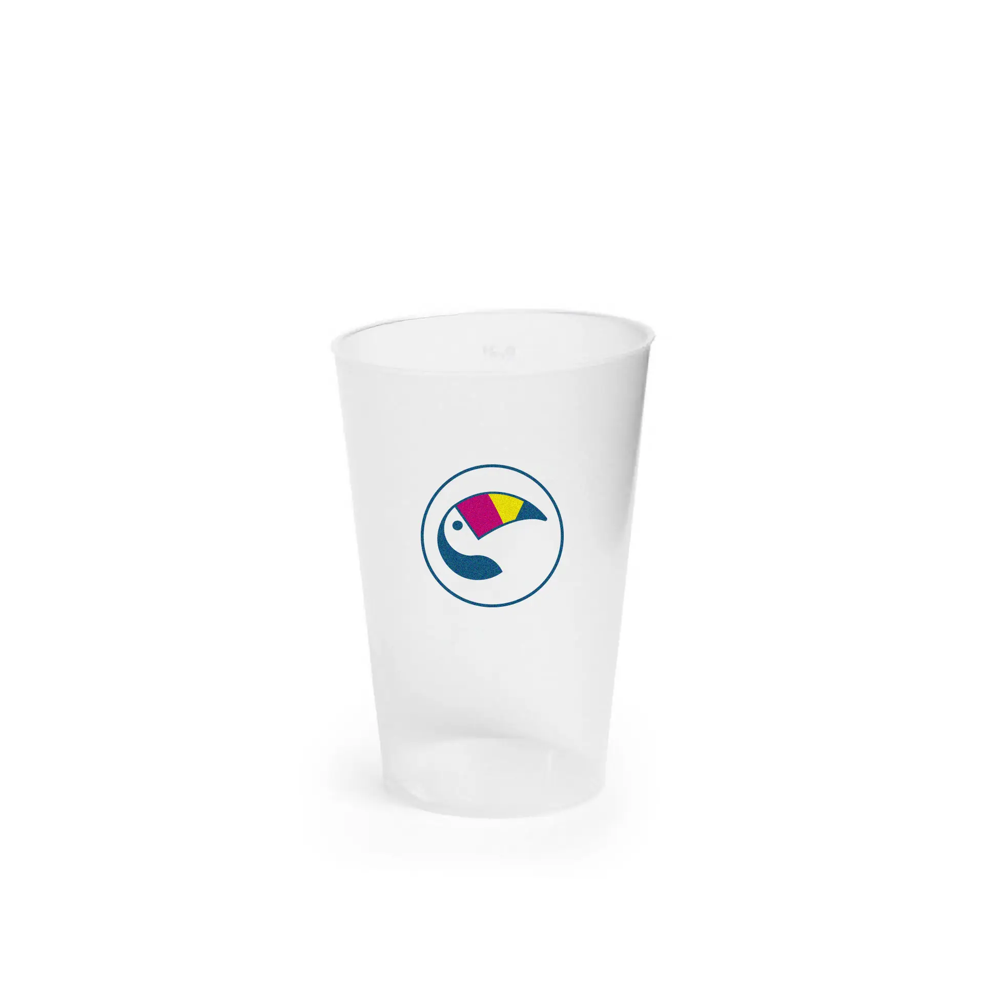 Reusable 200 ml cup with a colorful logo design; suitable for cold and alcoholic drinks; made from recyclable PP plastic.