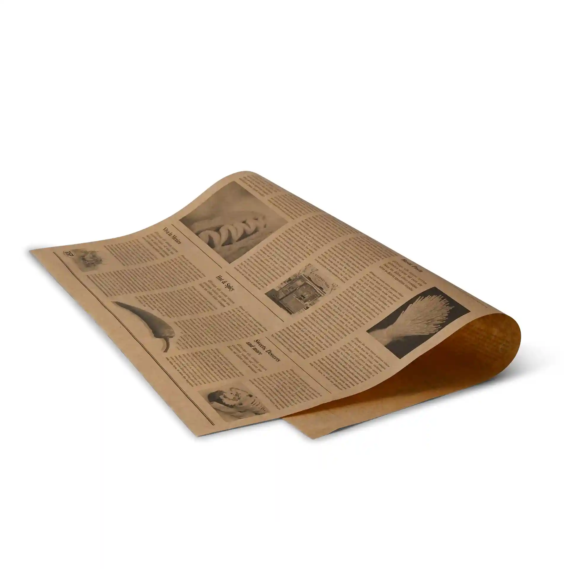 Greaseproof paper with a newspaper design, measuring 50 x 37.5 cm, displayed on a plain background.