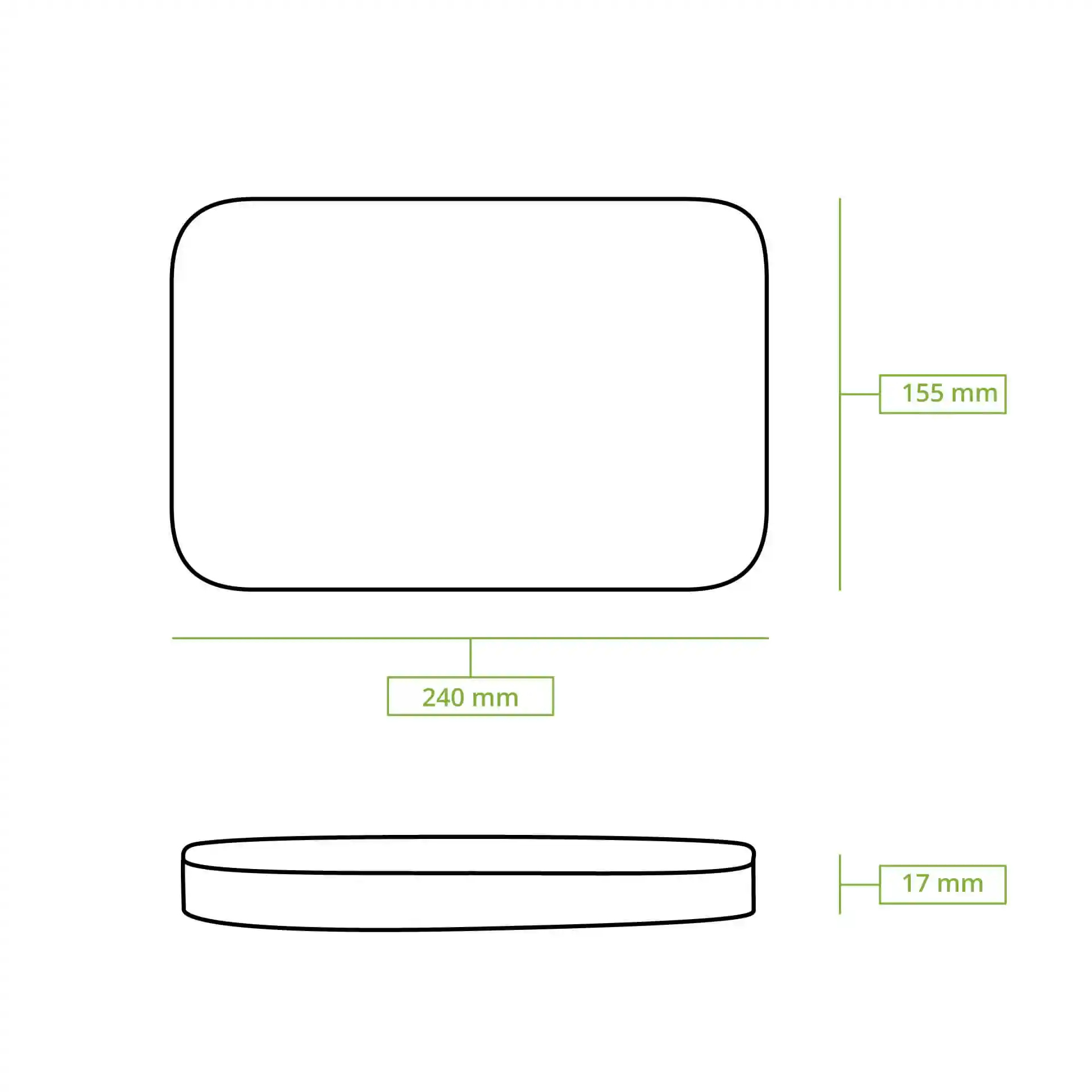 Schematic drawing of a rectangular container with dimensions 240 mm by 155 mm and height of 17 mm.
