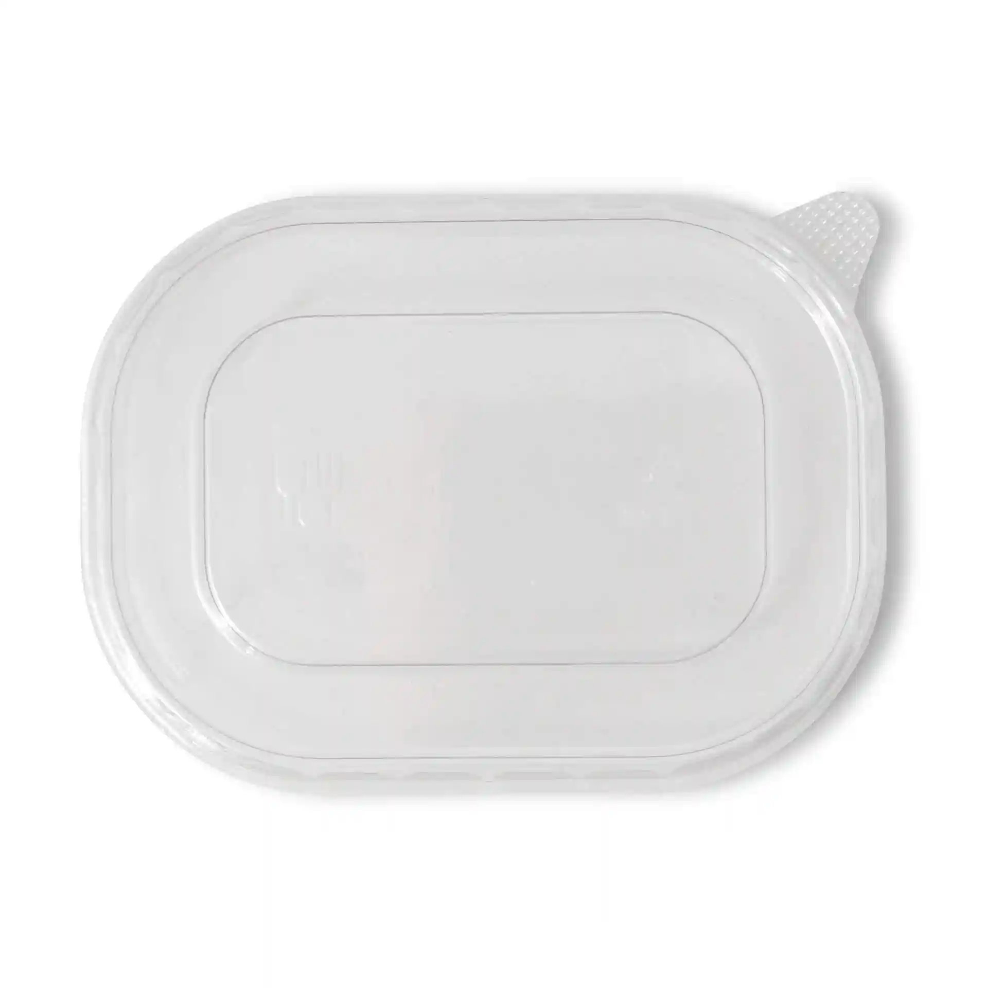 Transparent rectangular rPET lid measuring 11 x 8 cm with a height of 9 mm.