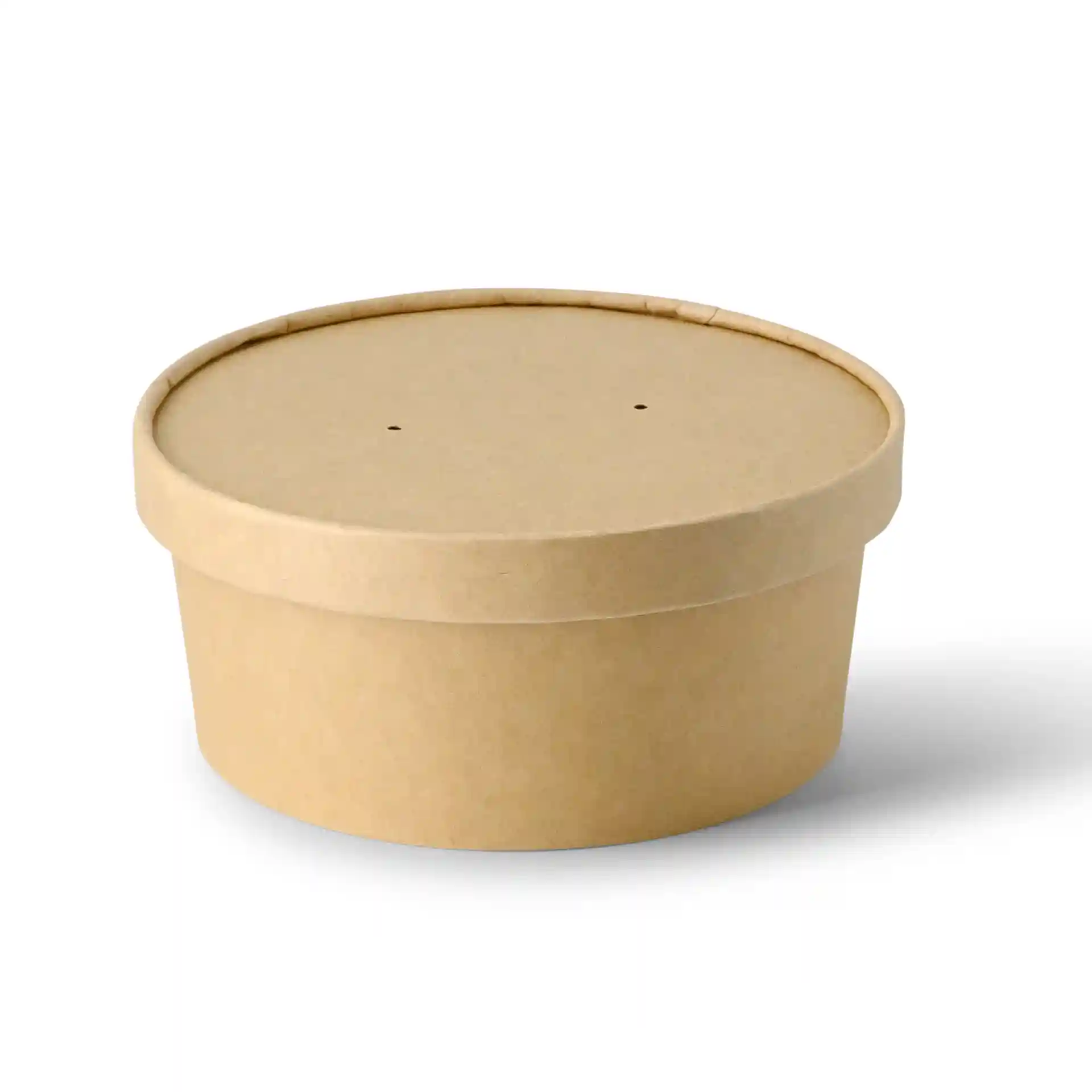 Runde braune Pappschüssel mit Deckel, zwei kleinen Löchern oben, 750 ml Fassungsvermögen.