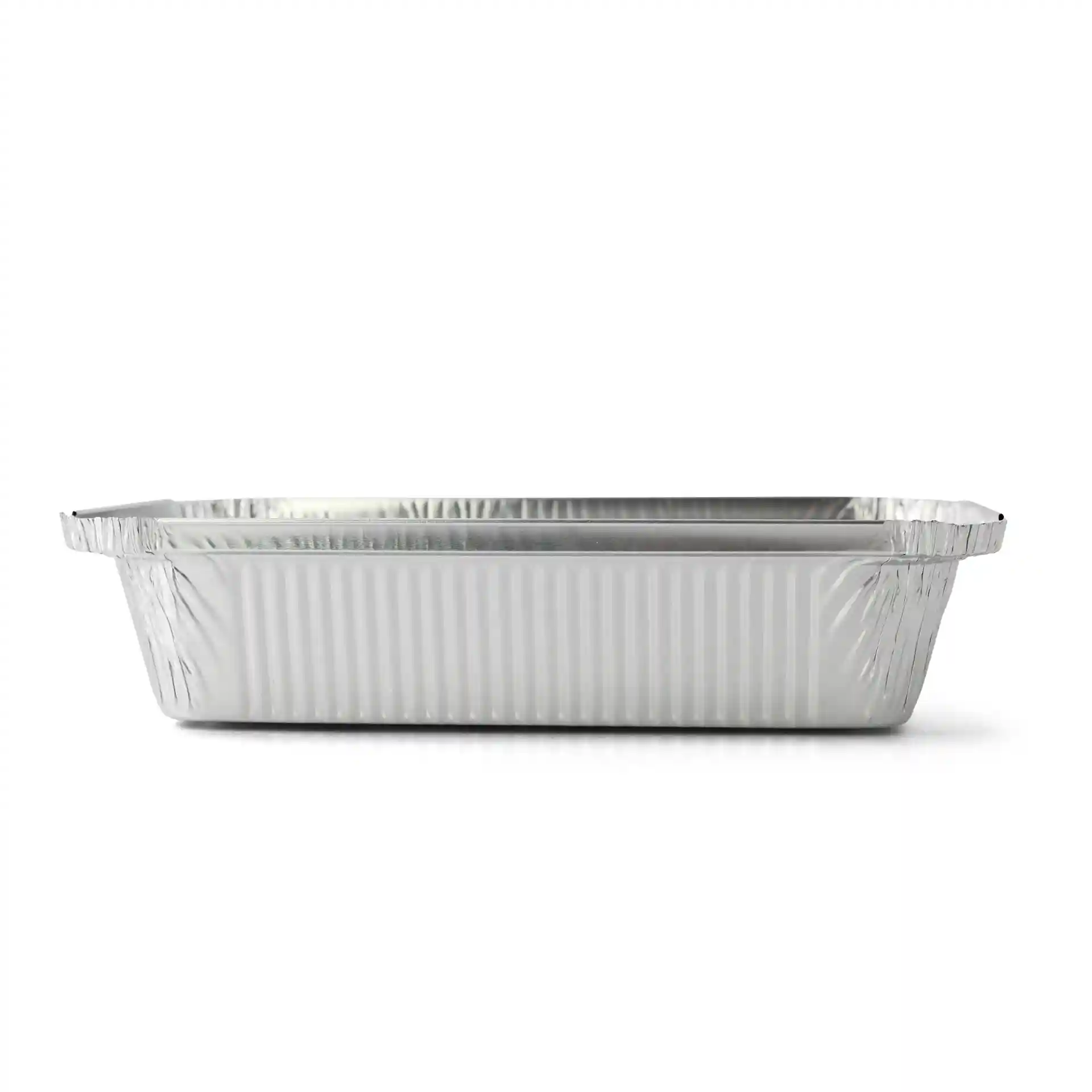Rechteckiger Aluminiumbehälter mit den Maßen 21,4 x 14,9 x 4,3 cm und glänzender Oberfläche.