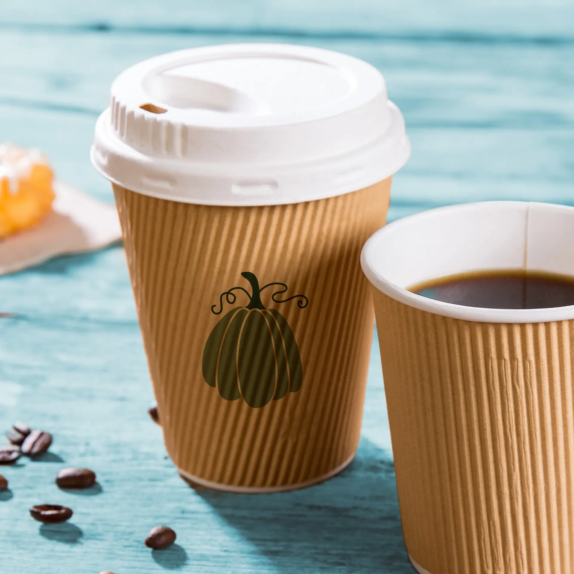 Ribbed cup printed, 250 ml / 10 oz, brown / white, PLA-coated