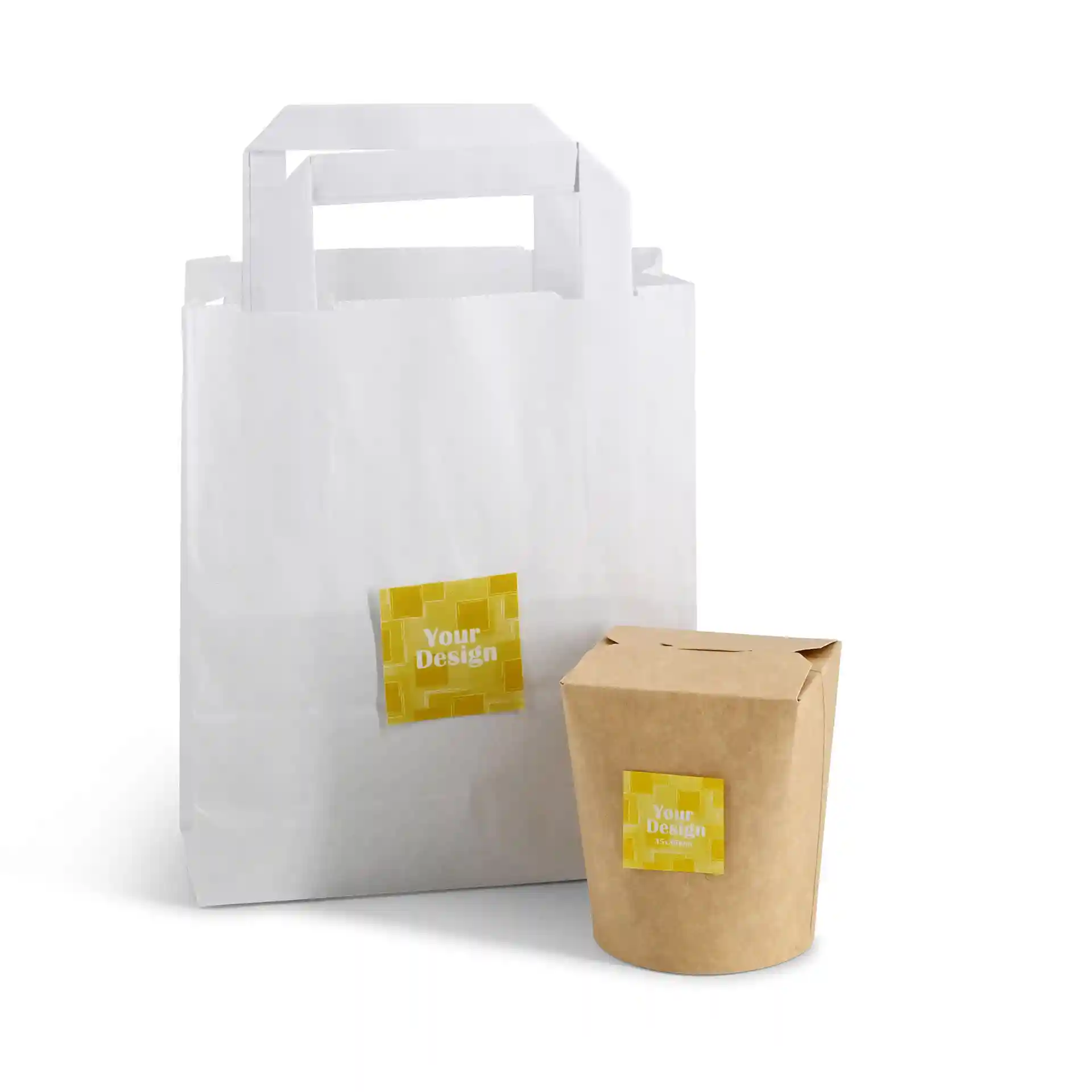 White paper bag with handles and a brown takeout container, both featuring square yellow labels with a design.