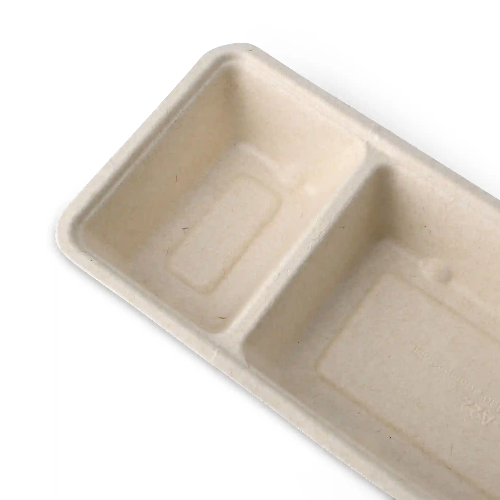 Rectangular cream white bagasse chip tray with two compartments, measuring 9.5 x 20 x 3.5 cm.