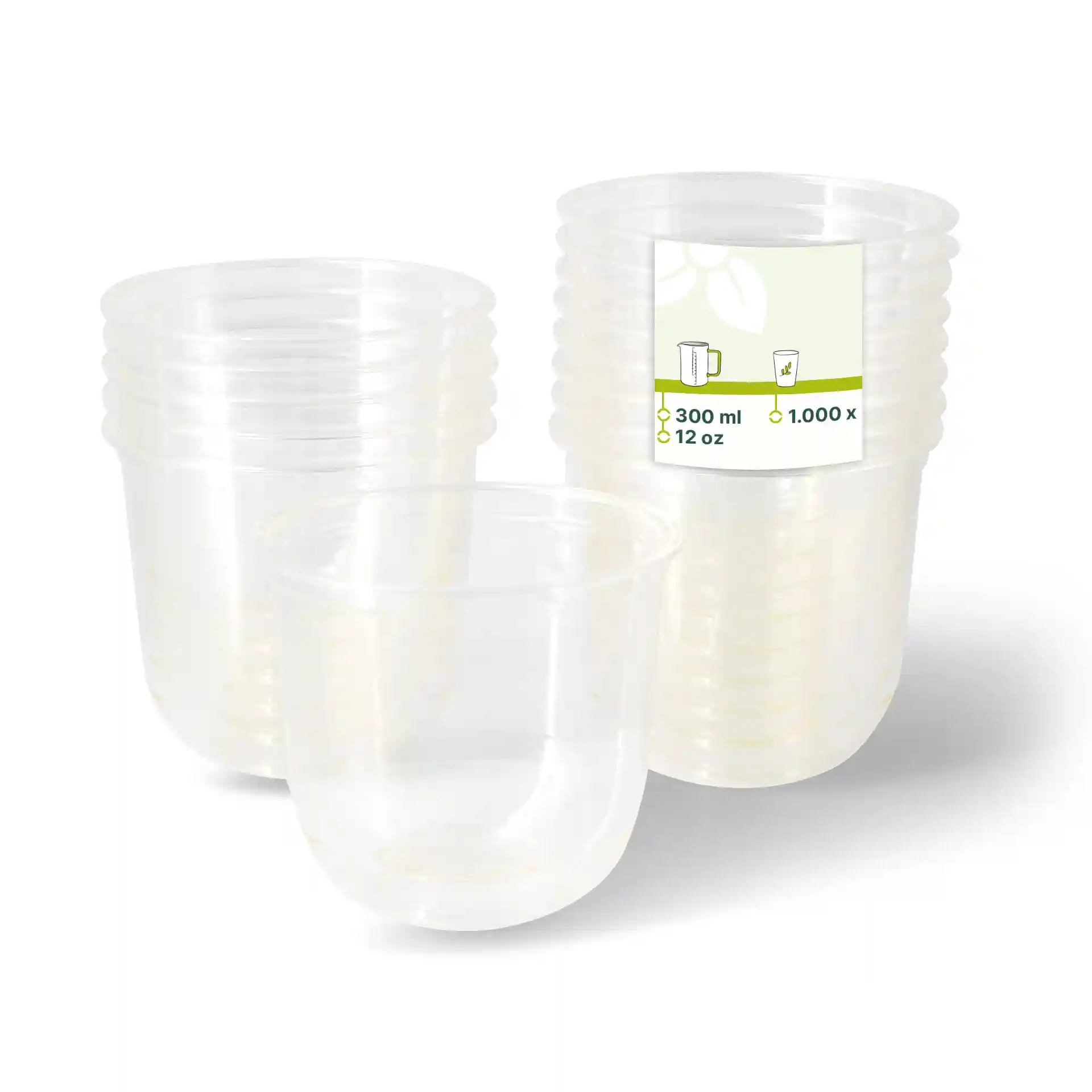 Transparente PLA-Dessertbecher gestapelt, mit einem Becher vorne, der ein Etikett mit 300 ml Fassungsvermögen zeigt.