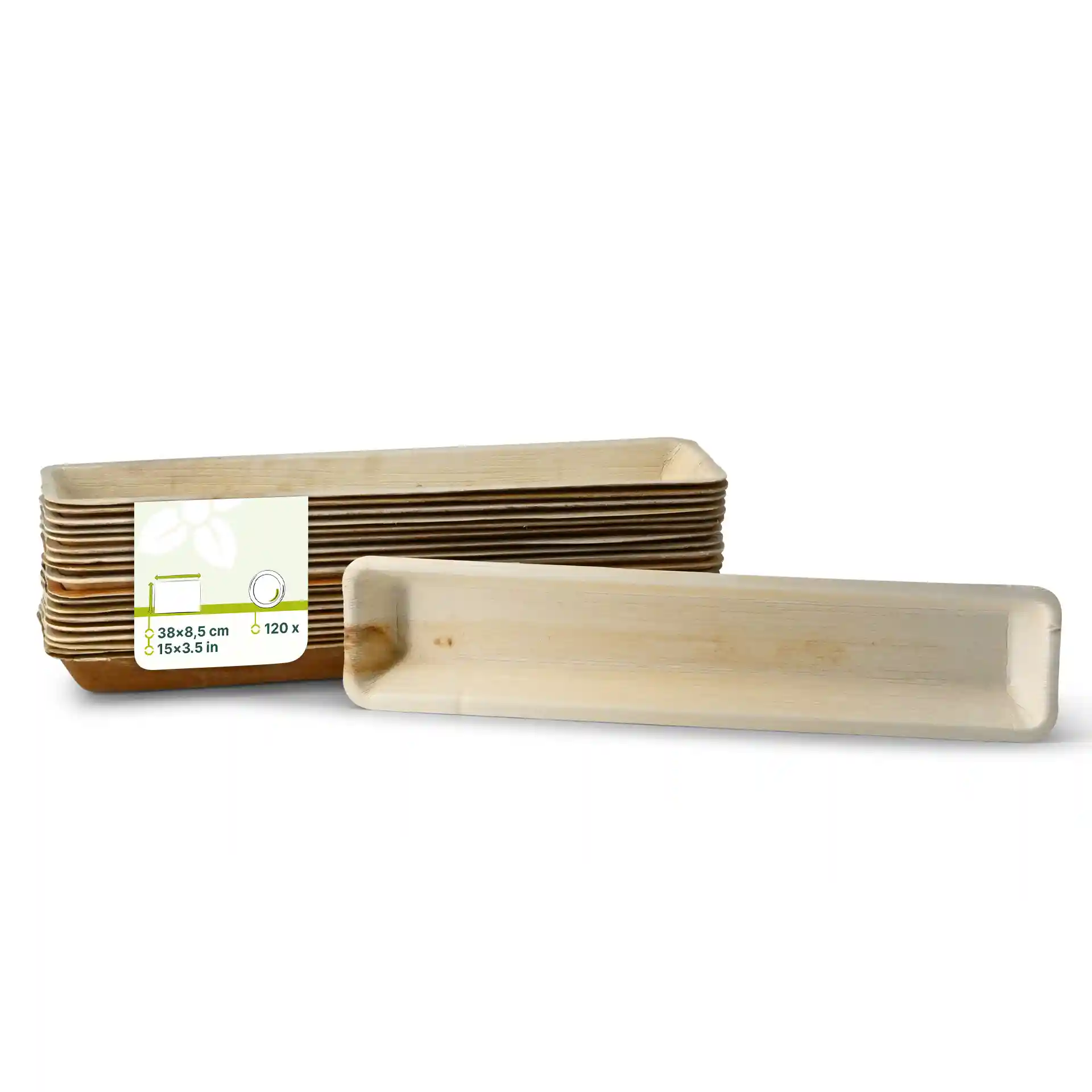 Rectangular palm leaf tray measuring 38 x 8.5 cm, with a natural grain color and no coating.
