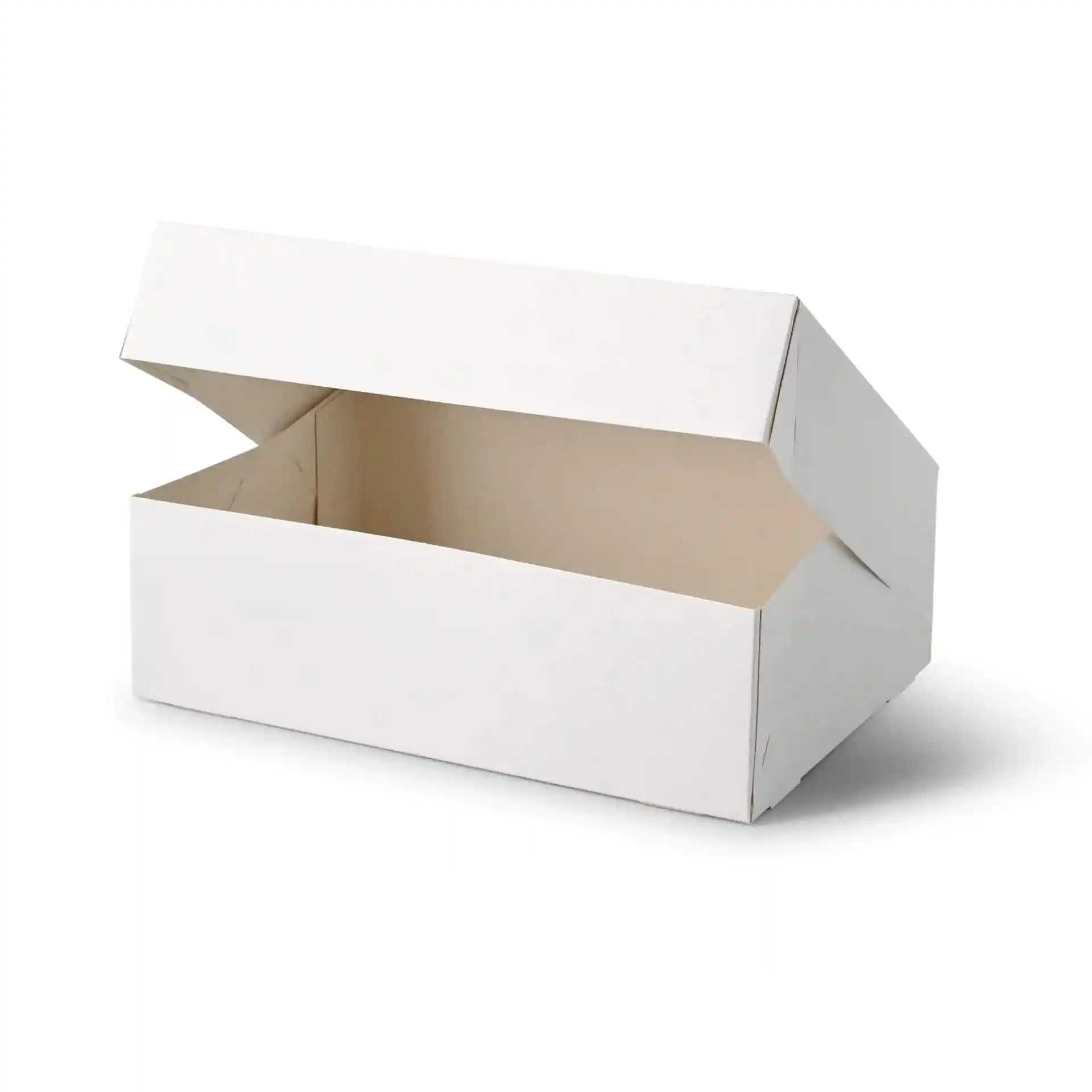 White rectangular cardboard box with an open lid, designed for cupcakes, featuring a cellulose window.
