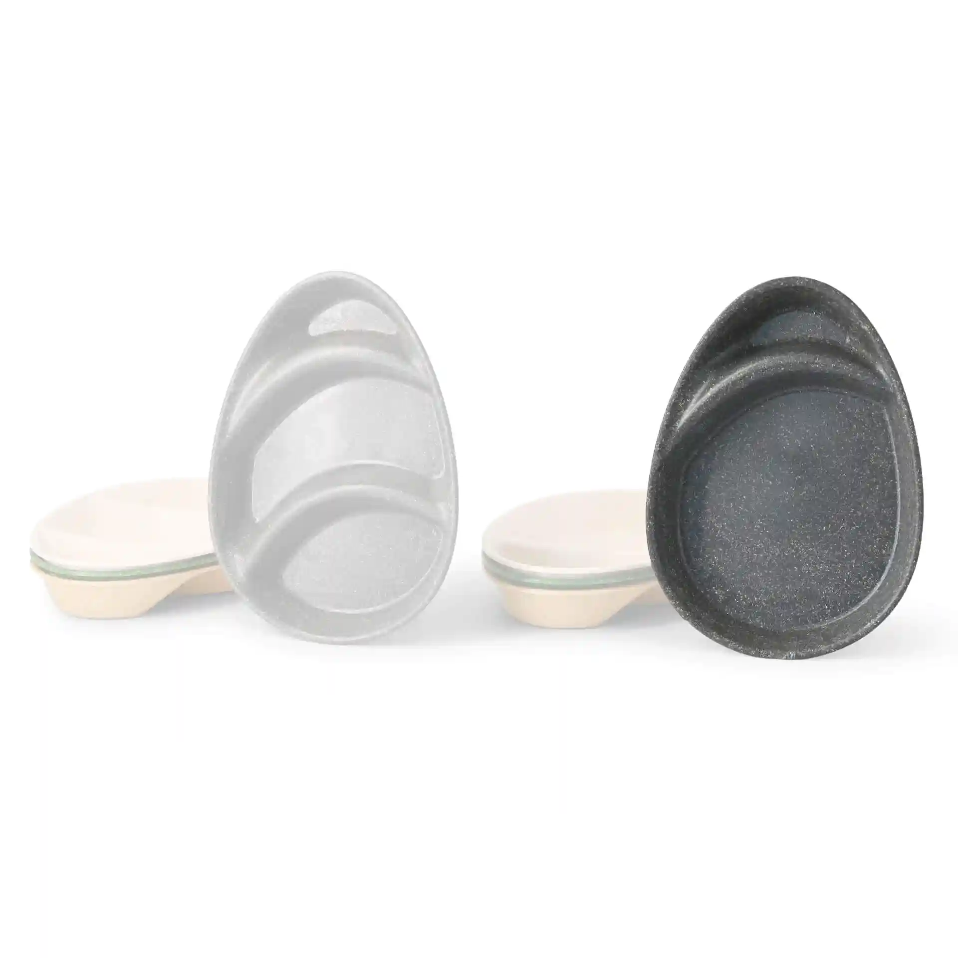 Image of two reusable divided plates in grey, showing one plate's top view and the other plate's bottom view.