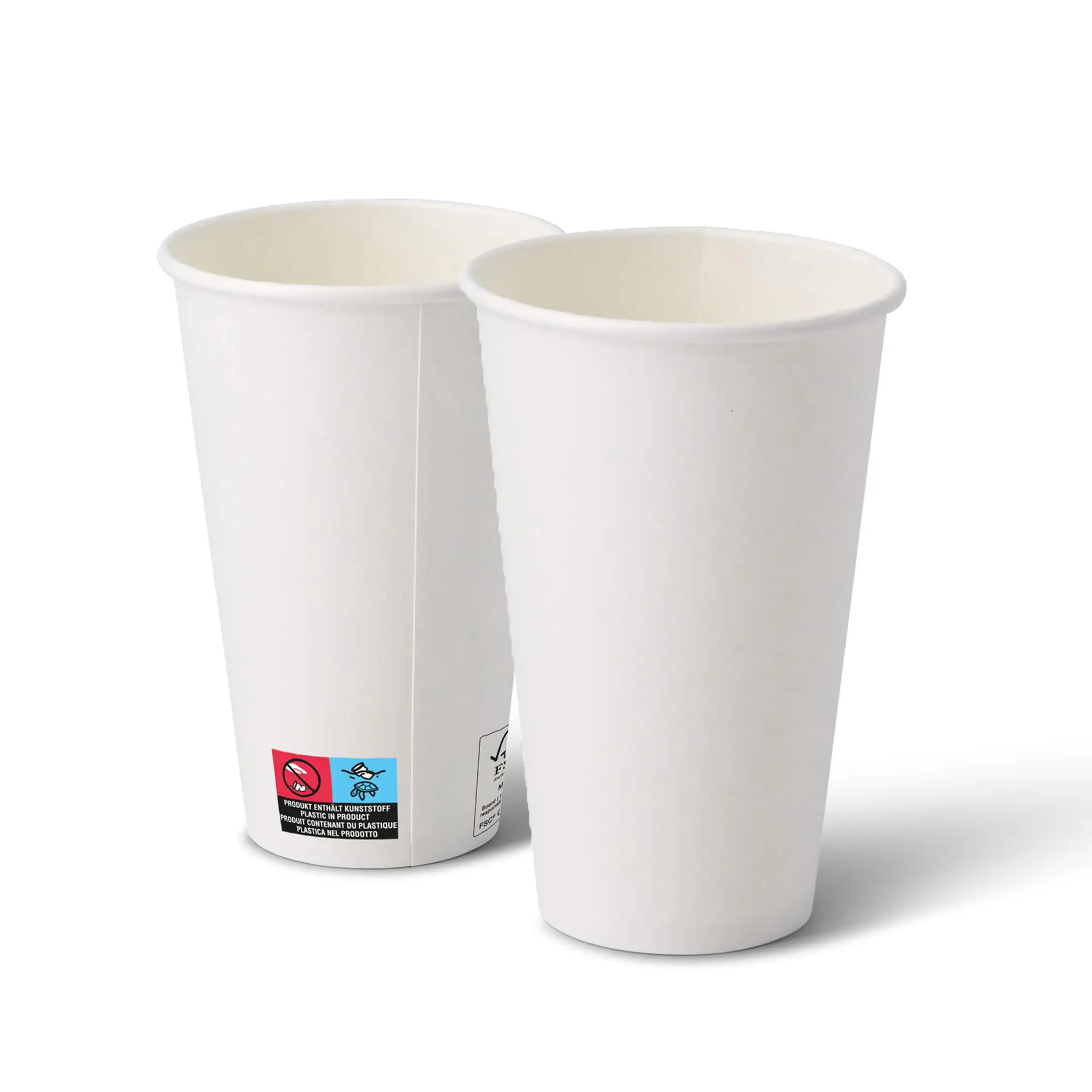 Two white paper cups with a PE coating, suitable for 16 oz beverages, featuring a classic design and safety labels.