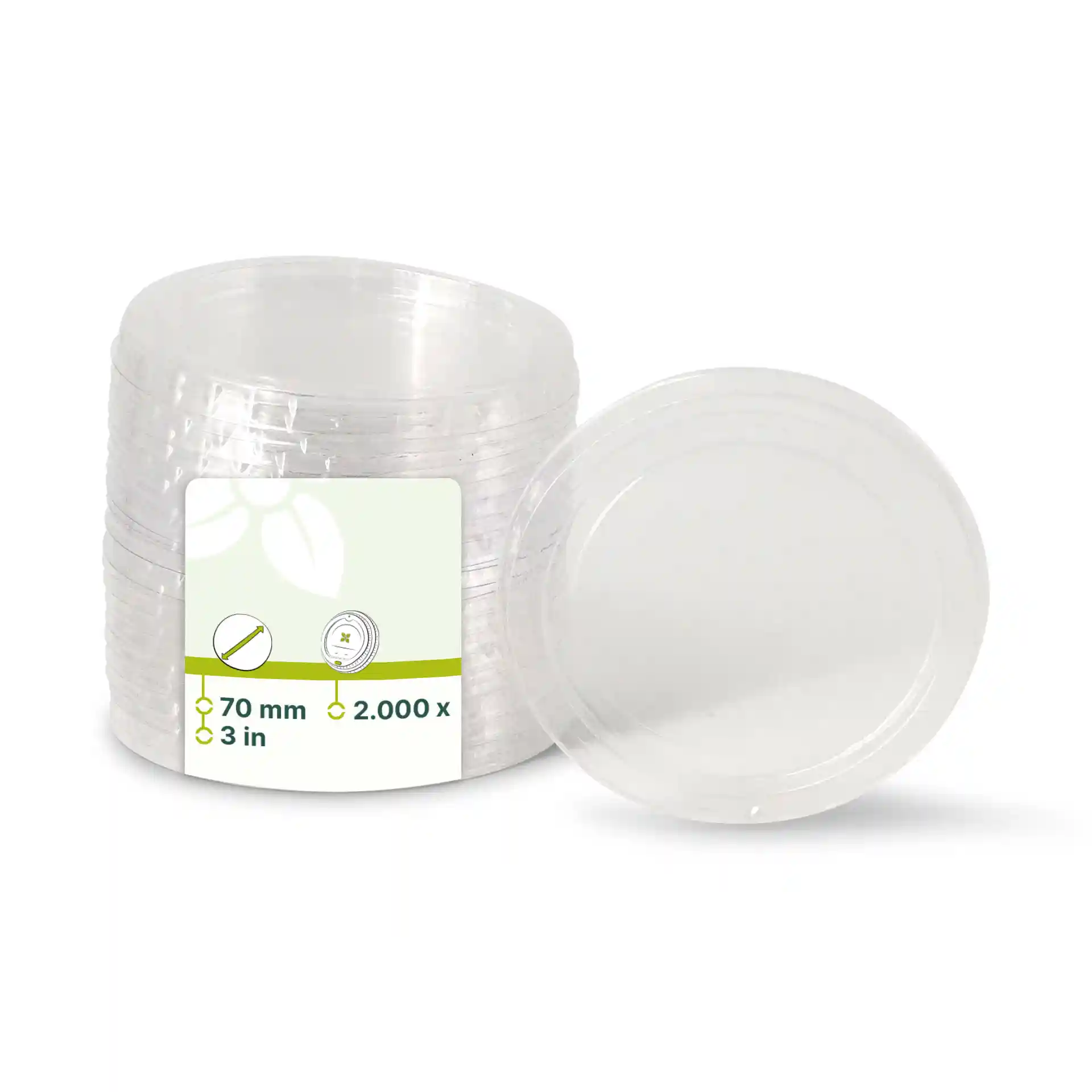 Clear round PLA lids with a diameter of 70 mm, stacked with one lid slightly separated from the others.