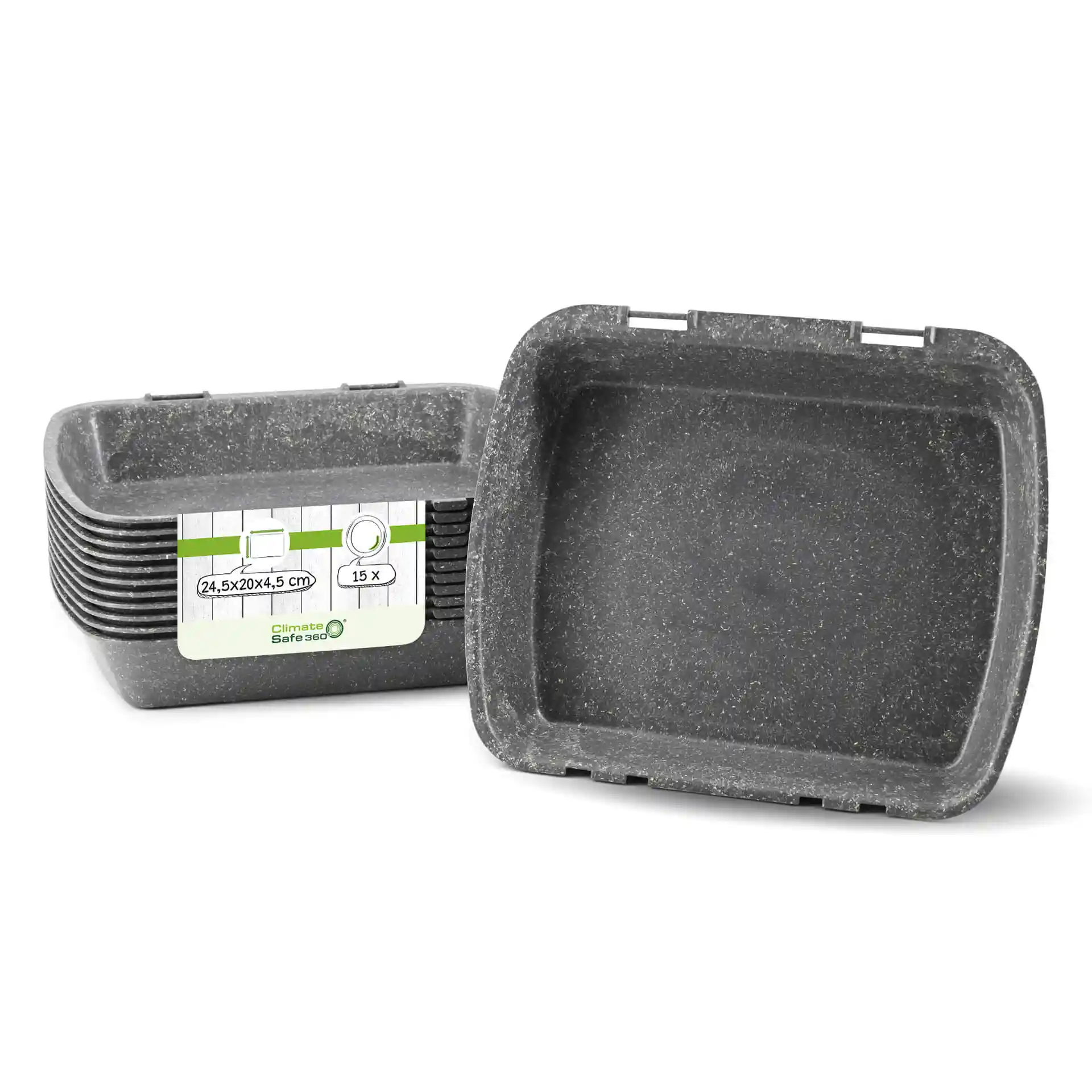 Rectangular grey reusable menu containers stacked, with one container open, showing a label with dimensions and details.