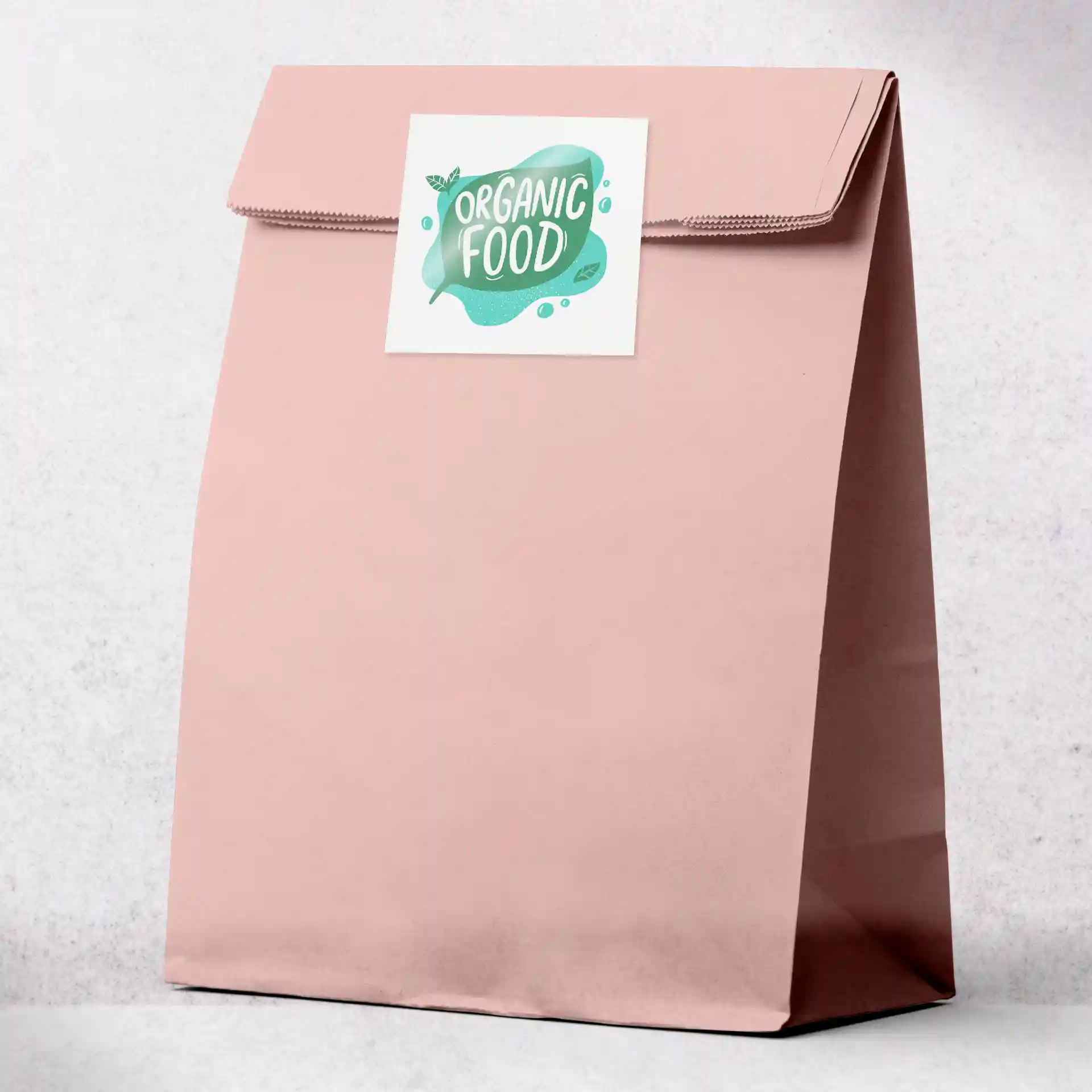 Pink paper bag with a square label featuring green text and design, labeled 'Organic Food'.