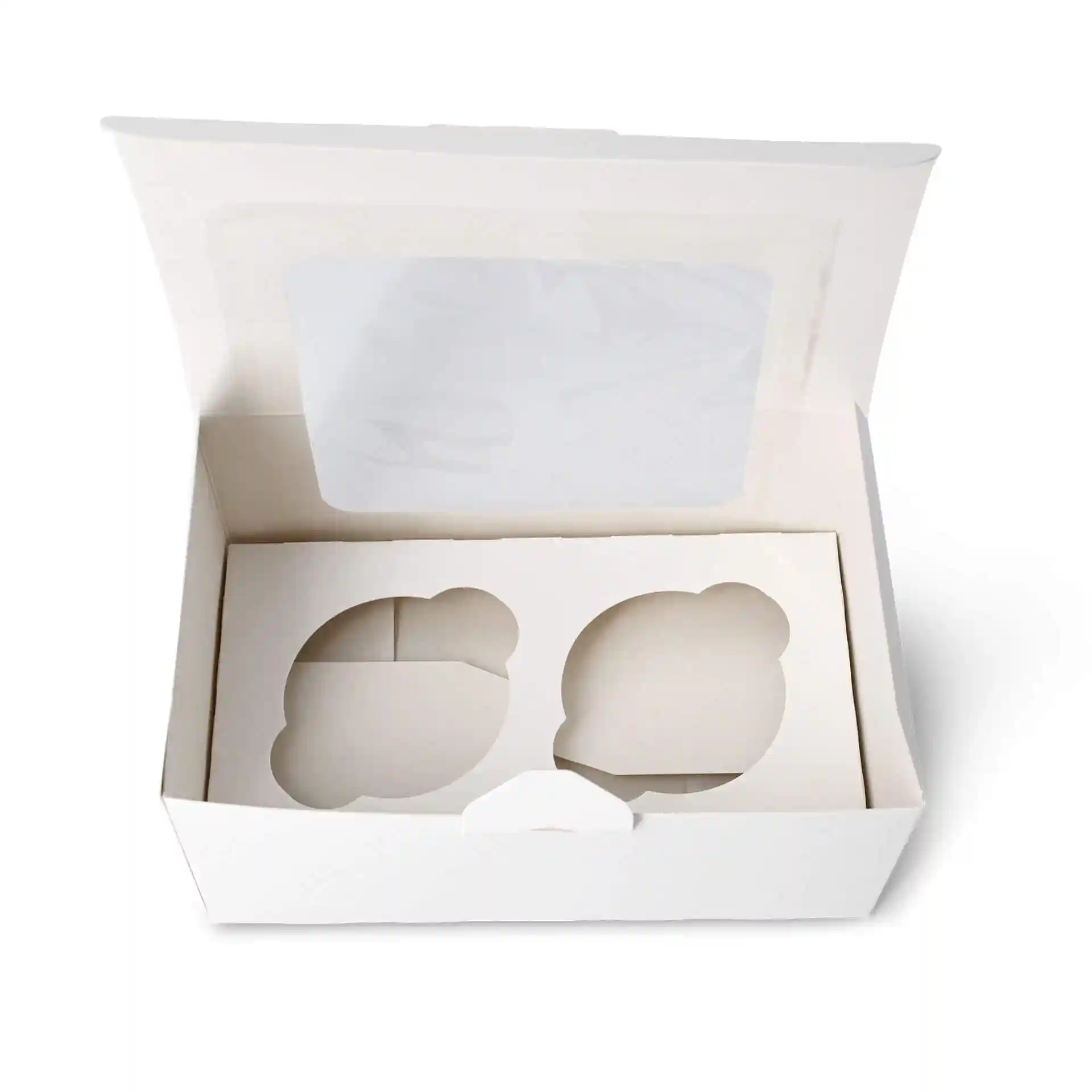 White cardboard box insert with cutouts for two cupcakes, featuring a transparent window on the lid.