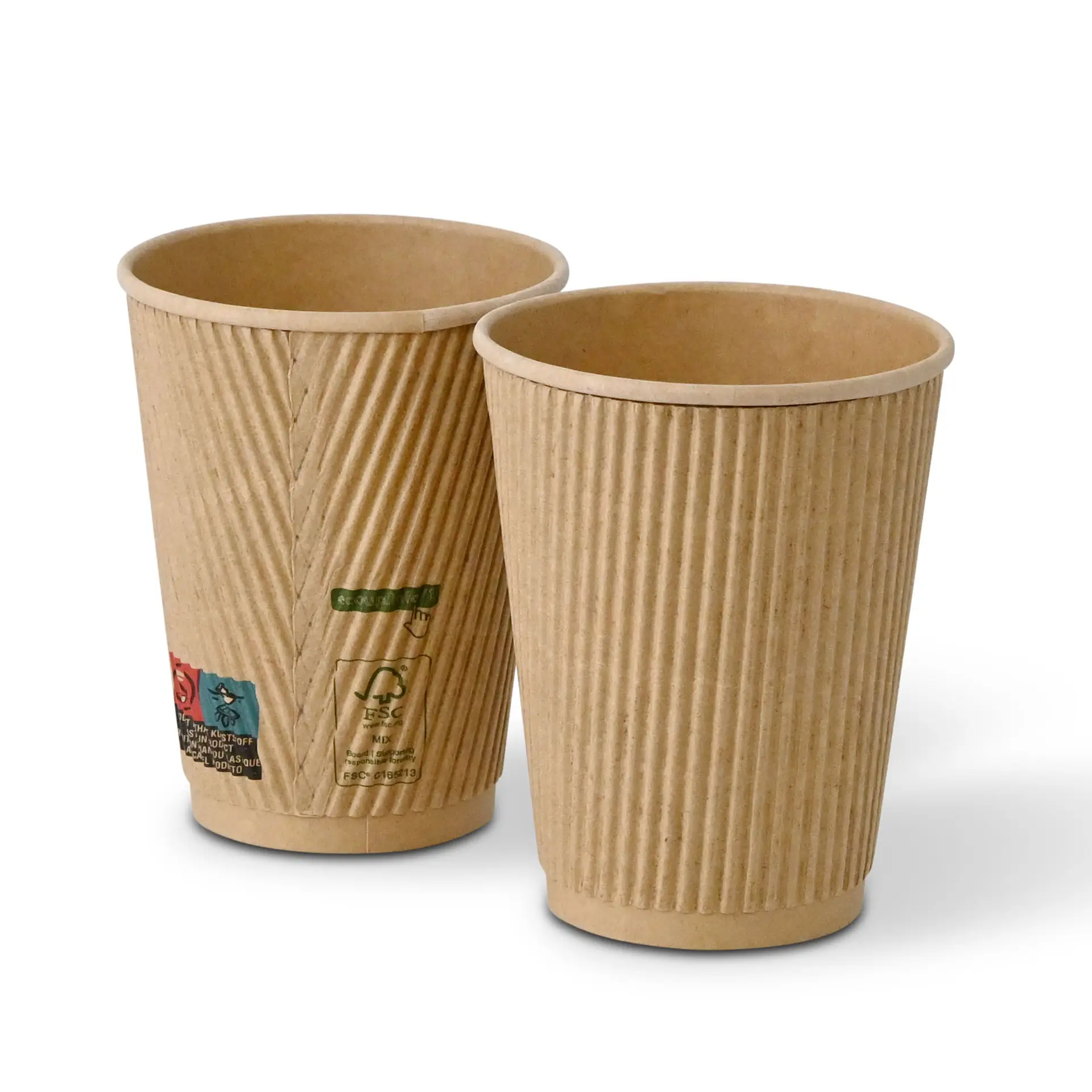 12 oz triple-walled brown ribbed coffee cups; biodegradable with PLA inner coating; displayed beside similar cups.