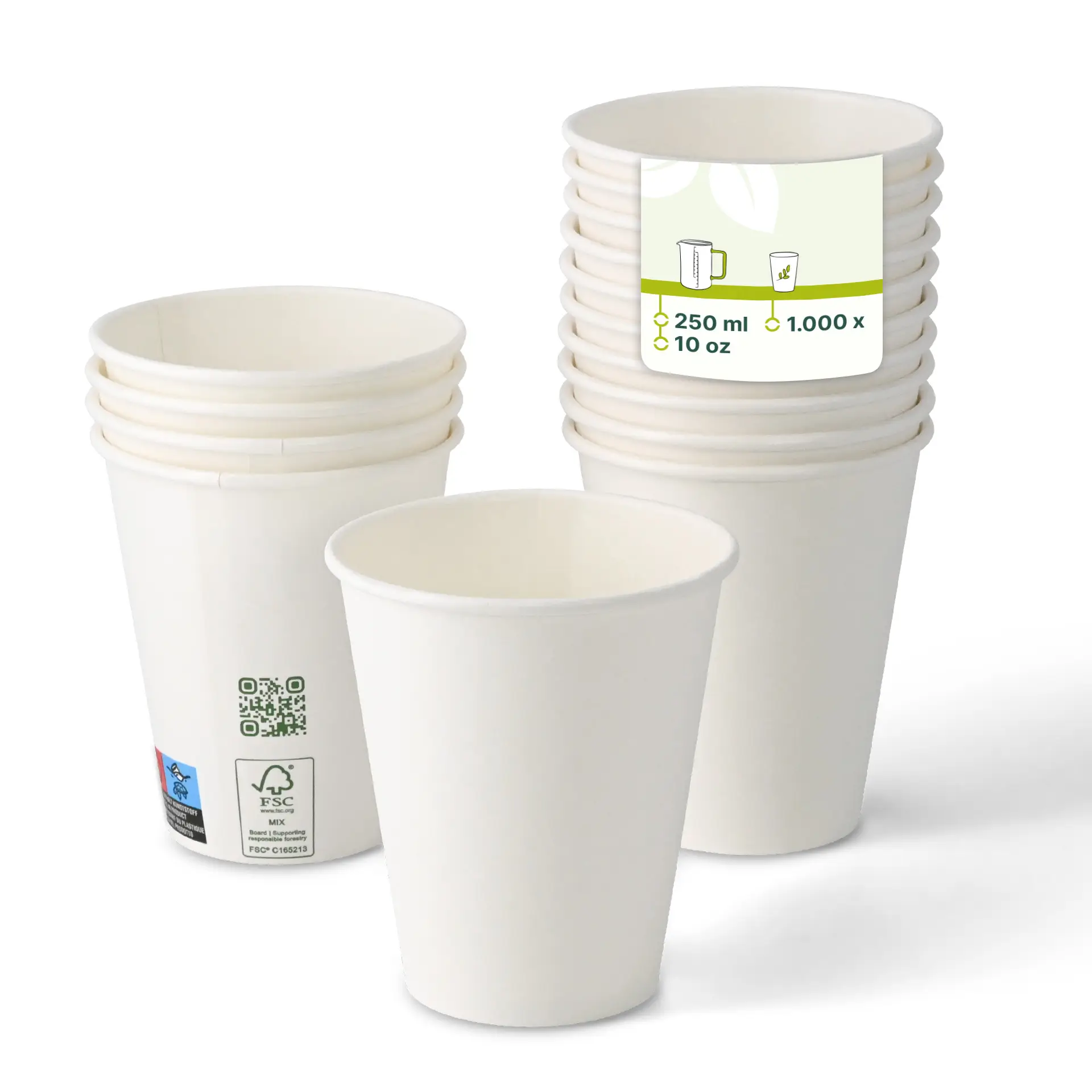 One single wall white paper cup, 250 ml, with a PLA coating; stacks with several similar cups behind displaying product information.