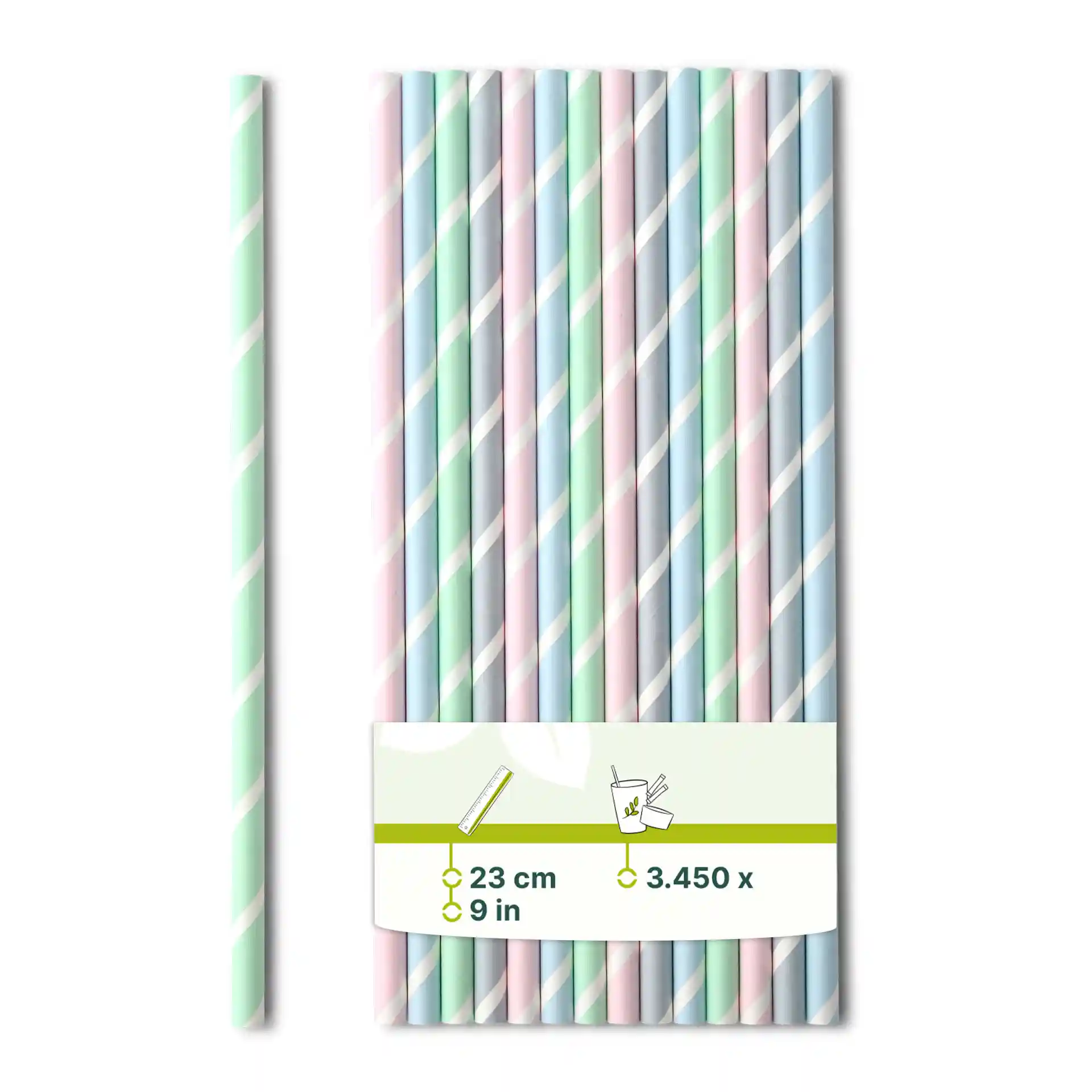 Pastellgestreifte Papier-Jumbo-Strohhalme, 23 cm lang und 0,8 cm im Durchmesser, mit einem Etikett zur Größenangabe.