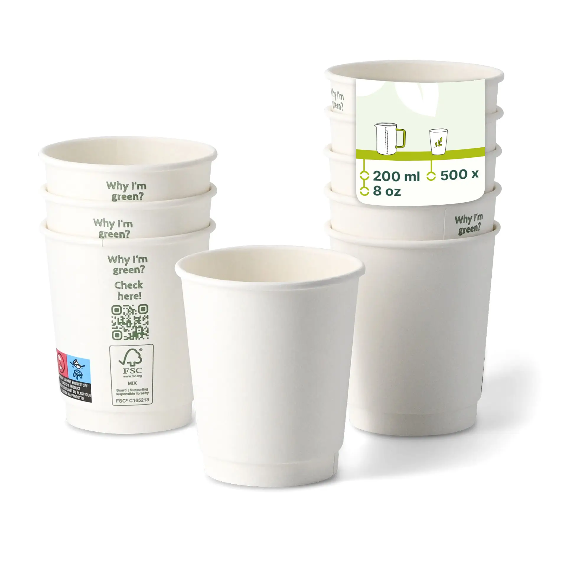 Kaffee to go Becher, 200 ml / 8 oz, Ø 80 mm, doppelwandig, weiß, PLA-beschichtet