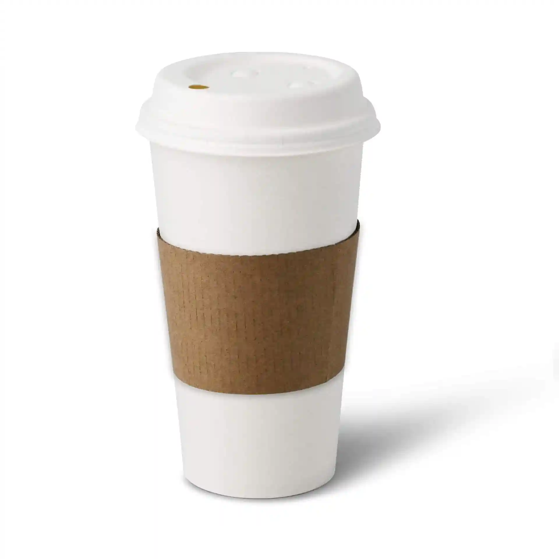White paper cup with a cardboard sleeve, 20 oz capacity, round shape, and a coated surface.