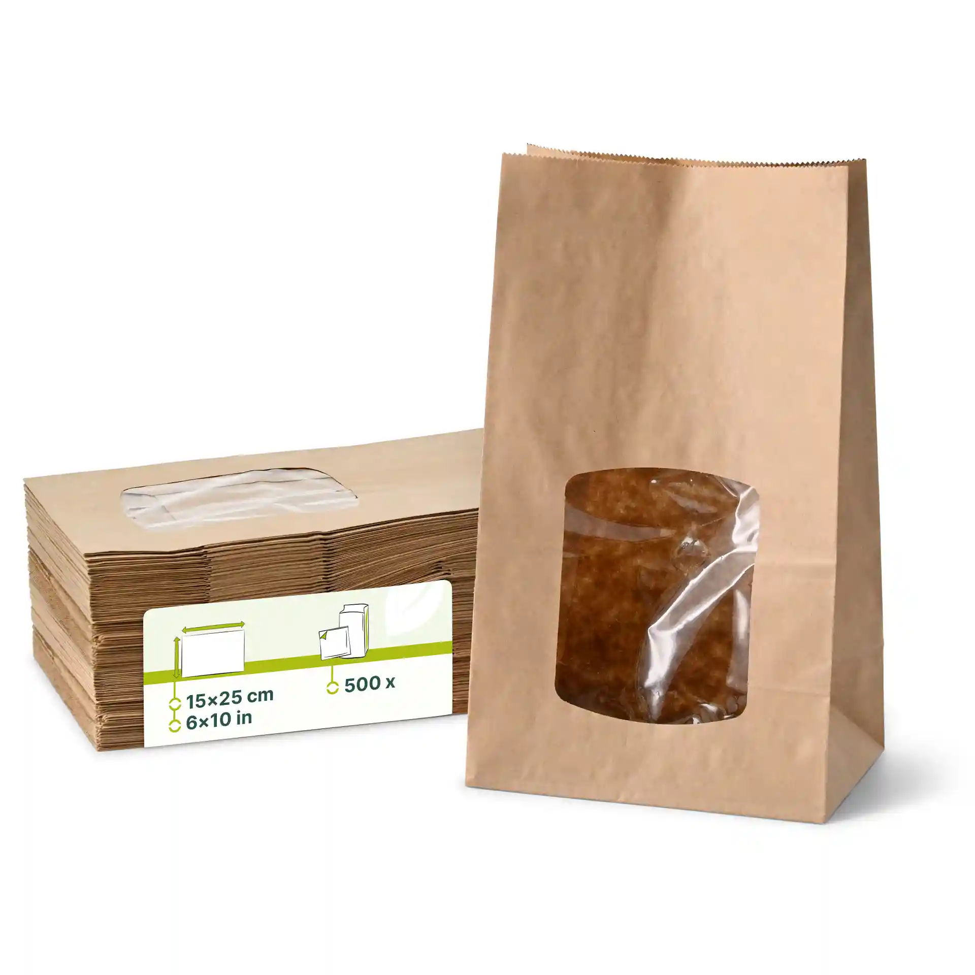 Brown kraft paper block bottom bag with a clear PLA viewing window, dimensions 15 x 10 x 25 cm.