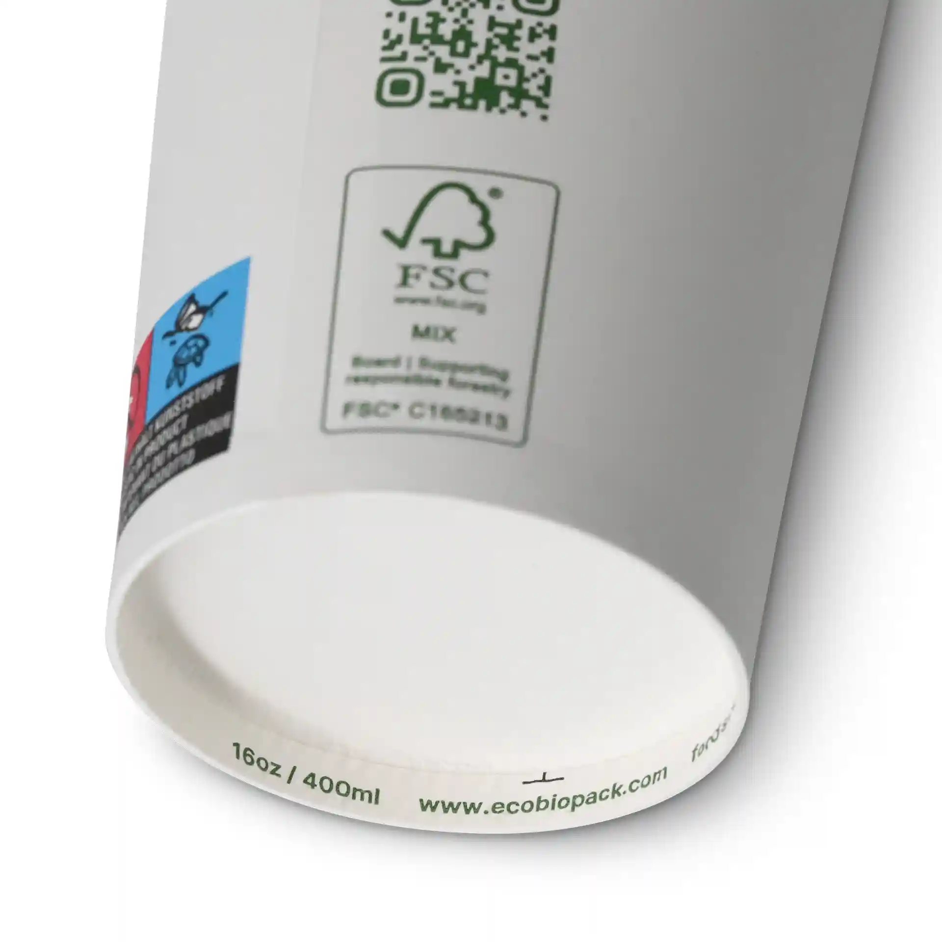 White paper cup with a diameter of 90 mm, showing a PLA-coated interior and various labels on the side.