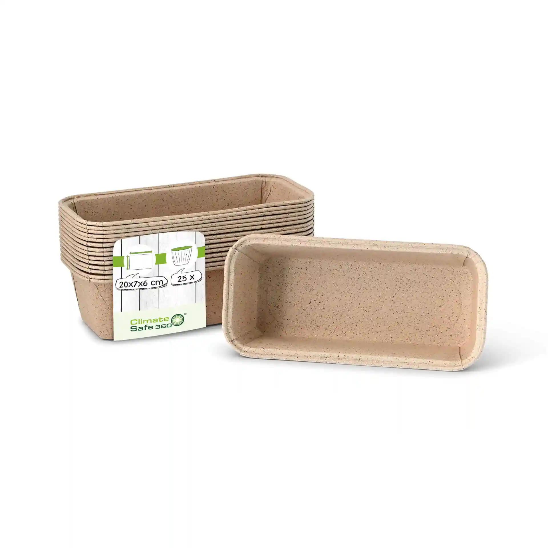 Rectangular baking moulds made from brown cocoa paper, measuring 20 × 7 × 6 cm, with a label showing quantity and dimensions.