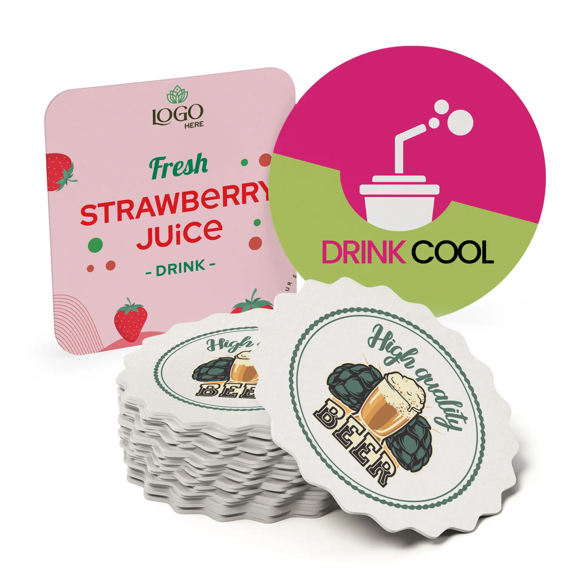 Bild von bedruckten Bieruntersetzern, darunter ein runder Untersetzer mit "Drink Cool" und gestapelte Untersetzer mit "Hochwertiges Bier" Design.