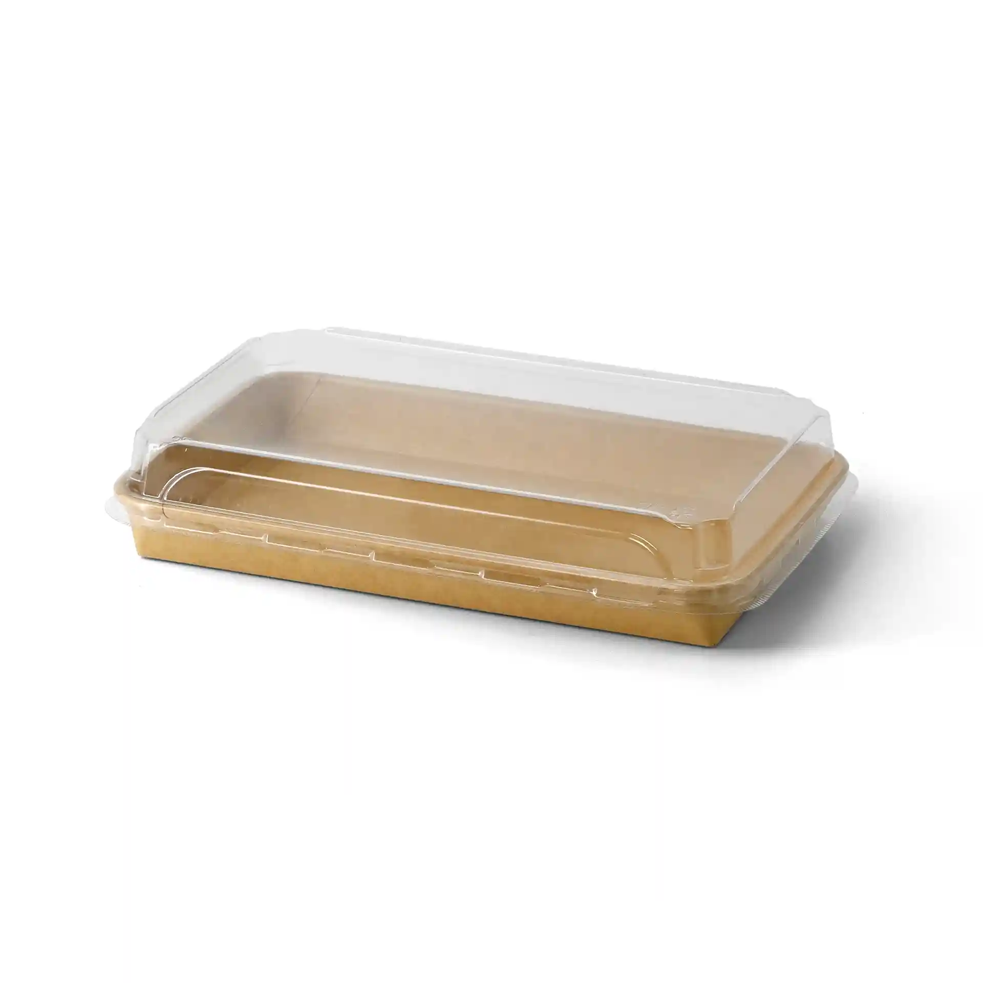 Transparenter PET-Deckel für Sushi-Box, Maße 24 x 15 x 3 cm, Höhe 3,5 cm.