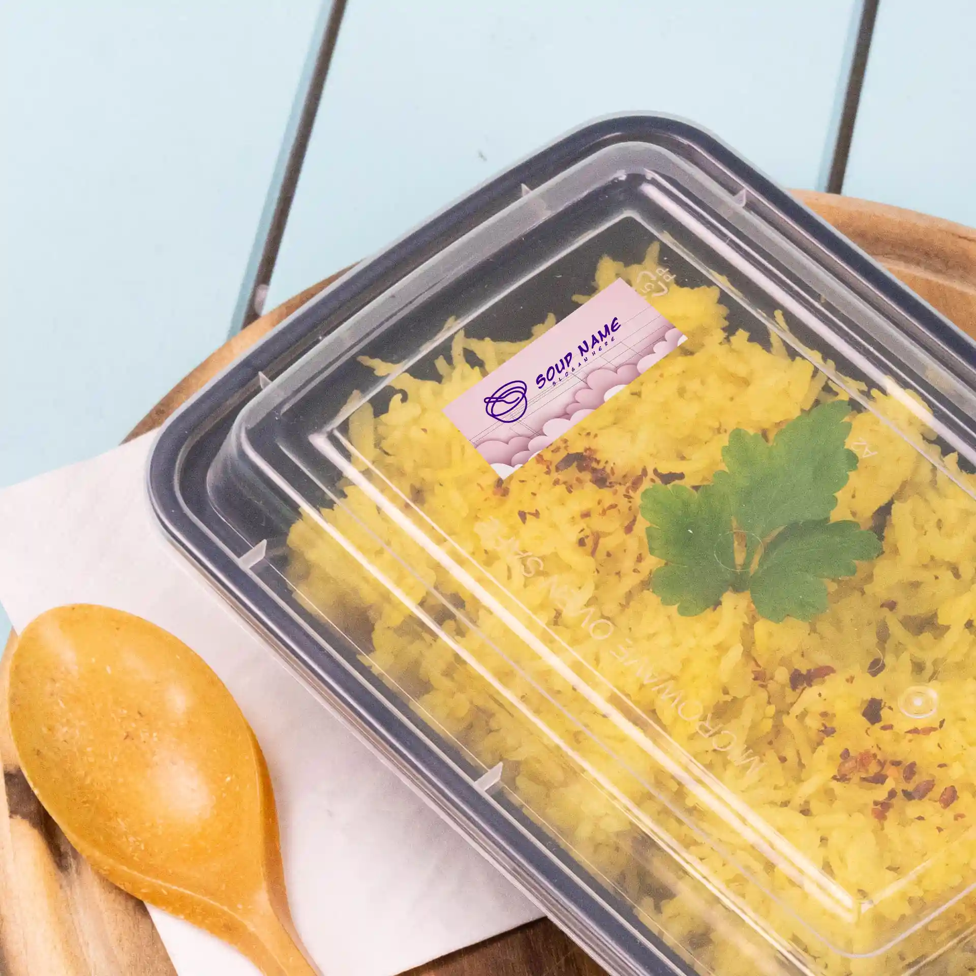 Container with yellow rice topped with a green herb, covered by a clear lid, and a rectangular label on top.