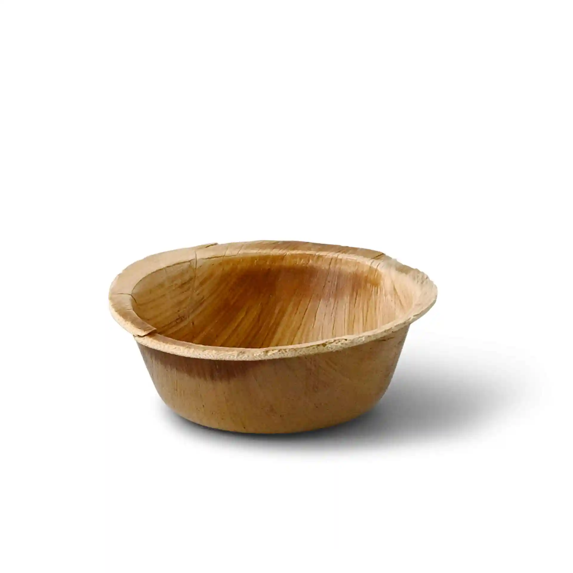 Round palm leaf dip bowl with a diameter of 78 mm and a height of 25 mm, featuring a natural grain color.