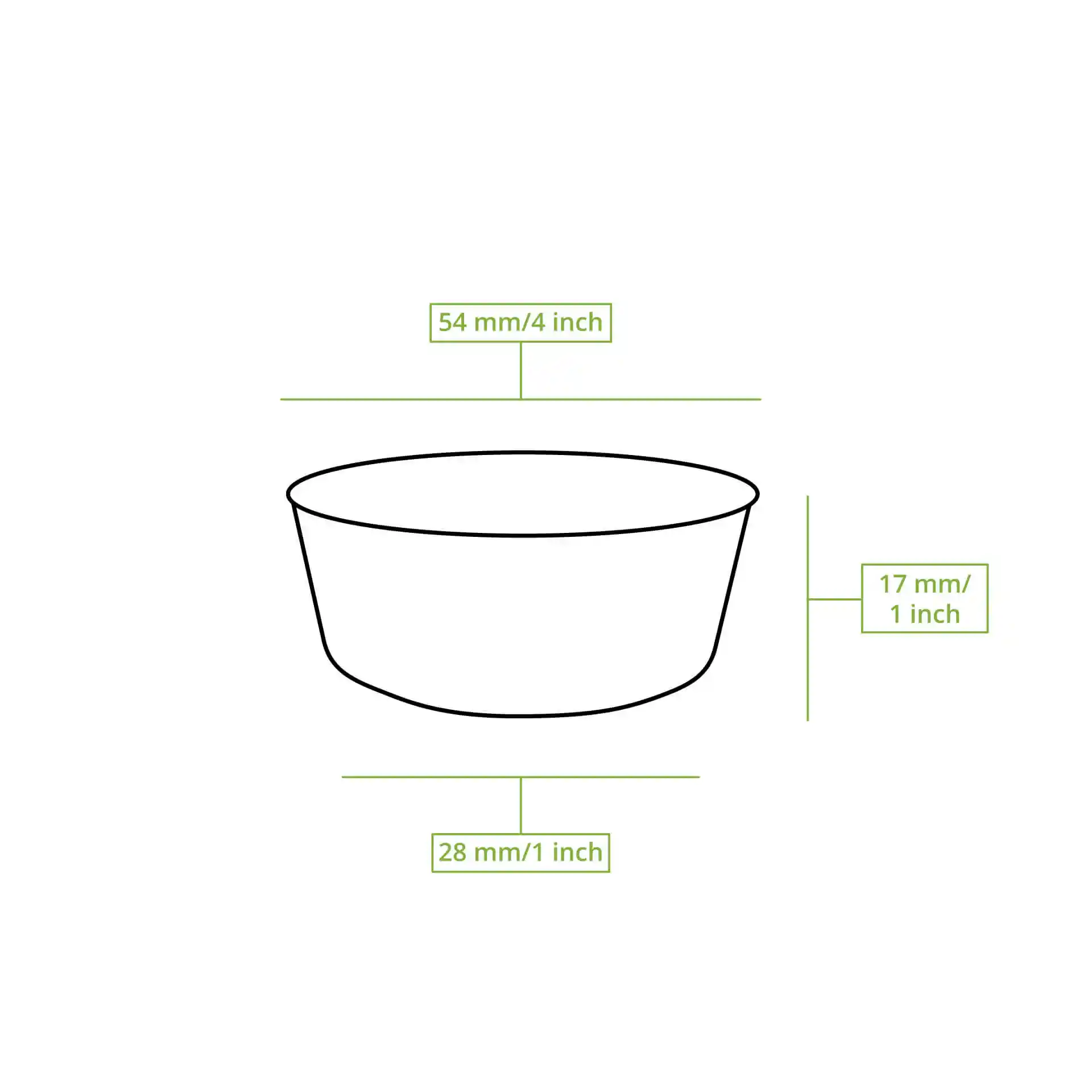 Schematic drawing of a square palm leaf bowl with dimensions: 54 mm length, 17 mm height, and 28 mm bottom width.