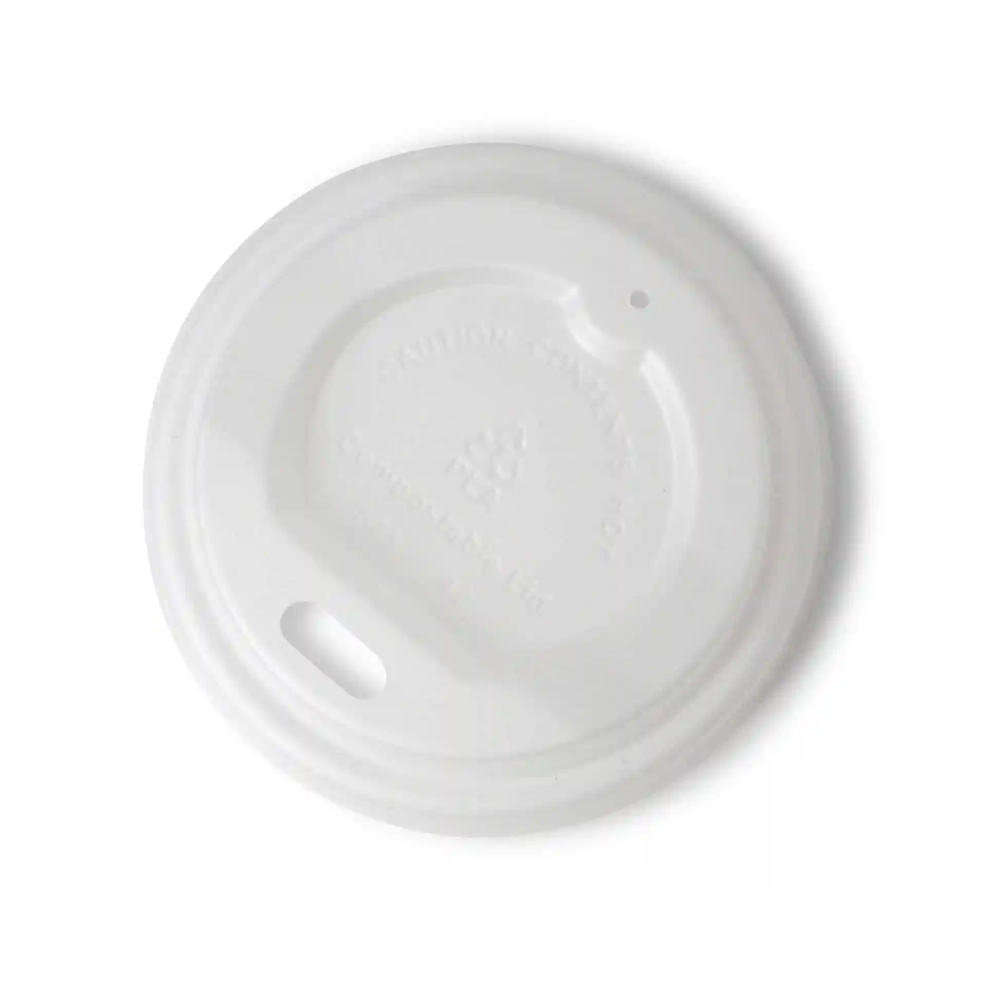 White CPLA lid with a drinking hole, measuring 62 mm in diameter and 15 mm in height.
