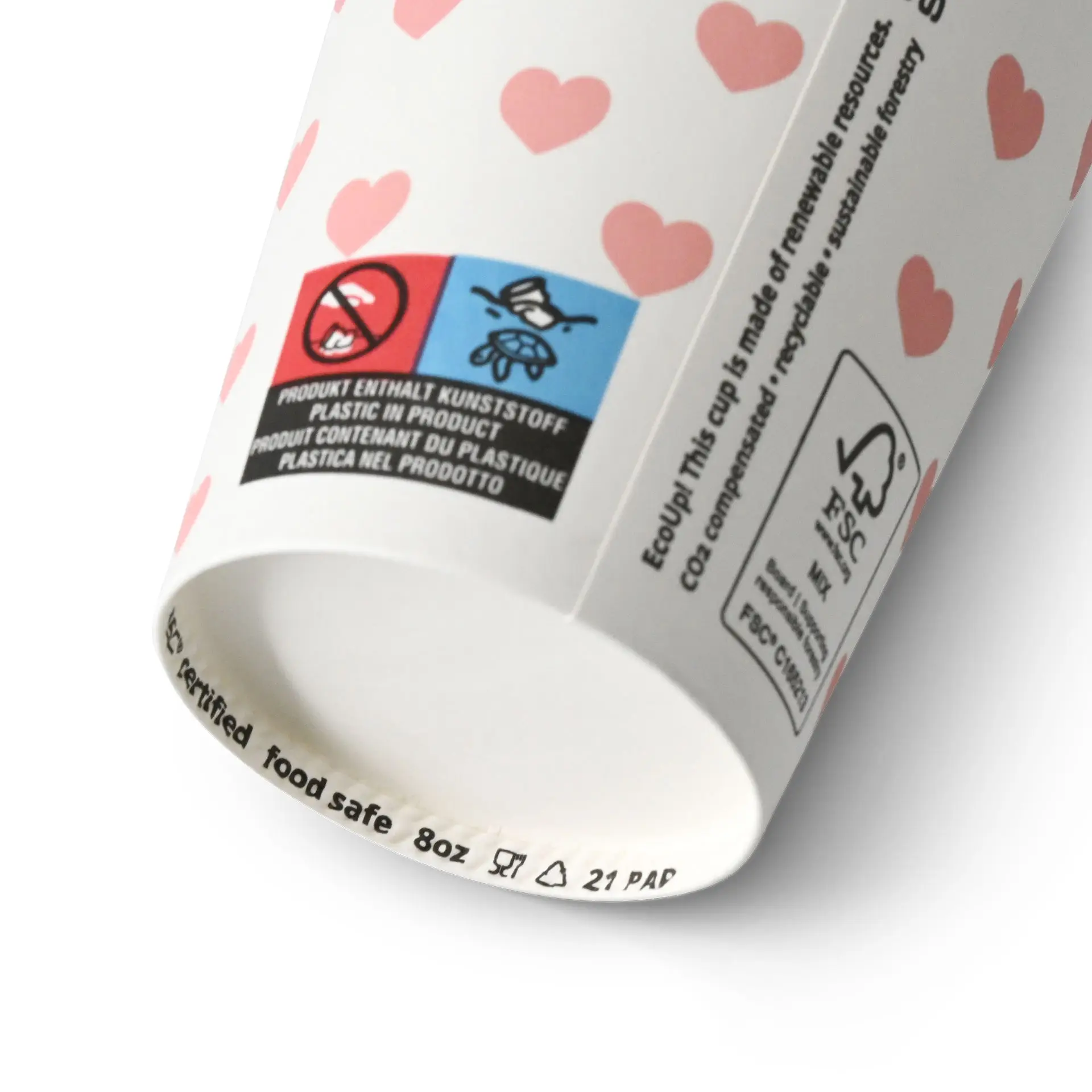 8 oz Paper cup printed with "Hearts" (coated), Ø 80 mm, white