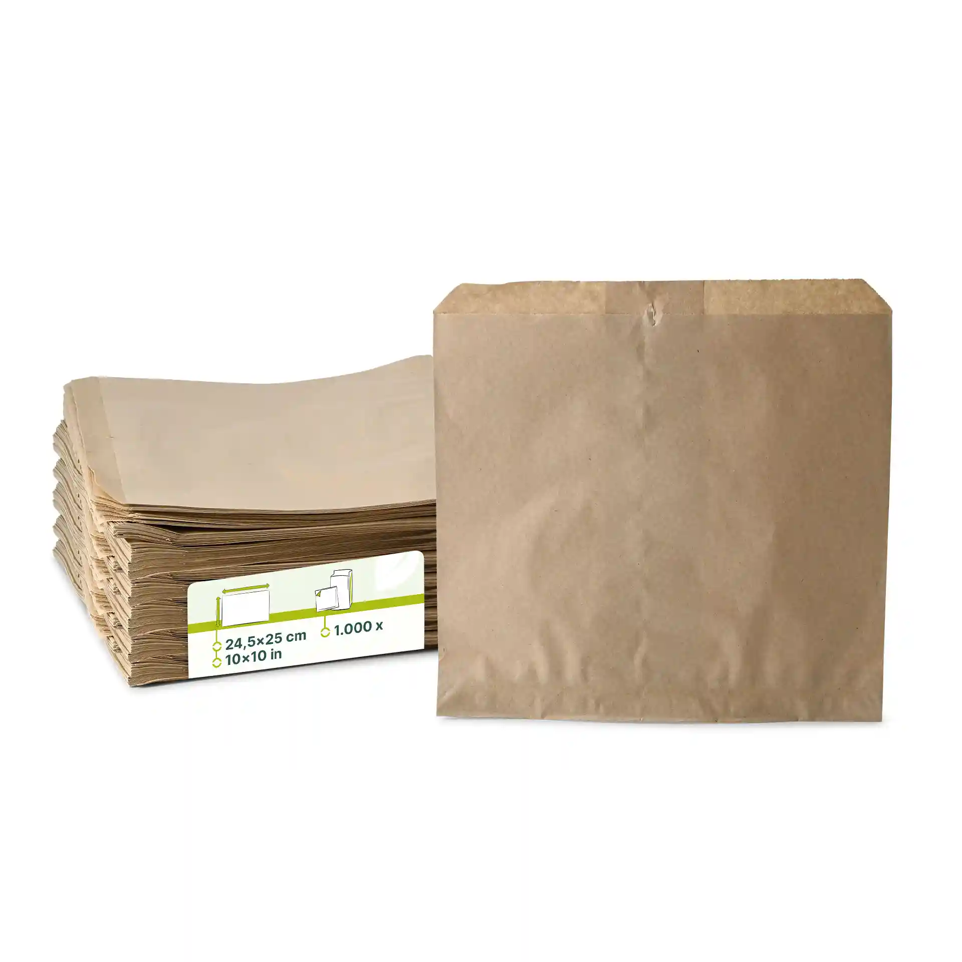 Stack of brown paper flat bags measuring 24.5 x 25 cm, with one bag displayed upright.