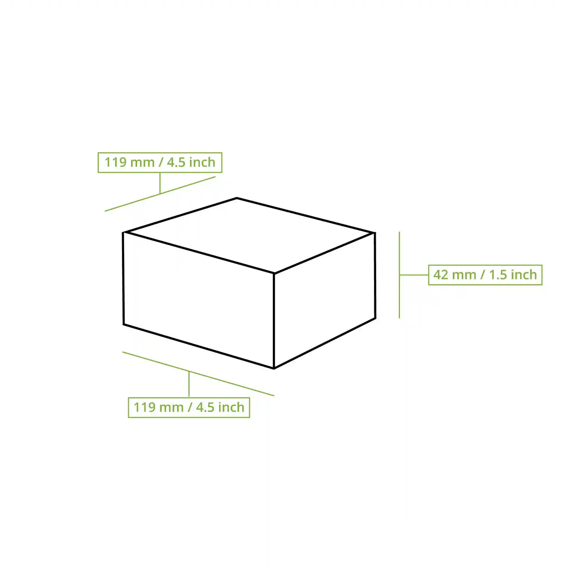 Schematische Zeichnung einer rechteckigen Box mit den Abmessungen 120 mm x 120 mm x 43 mm.