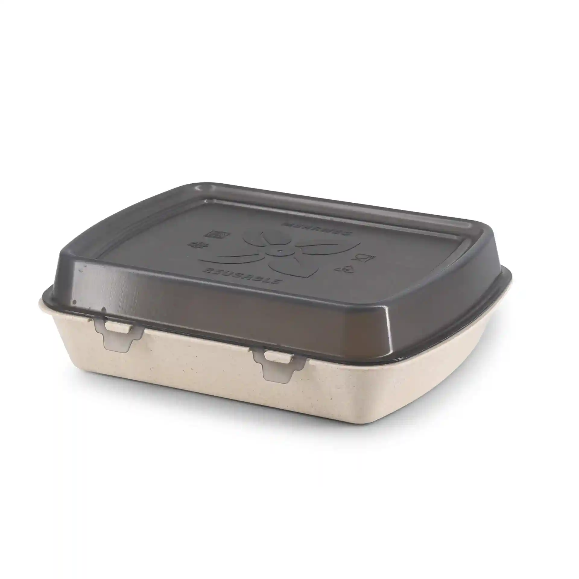 Rectangular reusable menu container with a dark lid and creamy white base, measuring 24.5 x 20 x 4.5 cm.