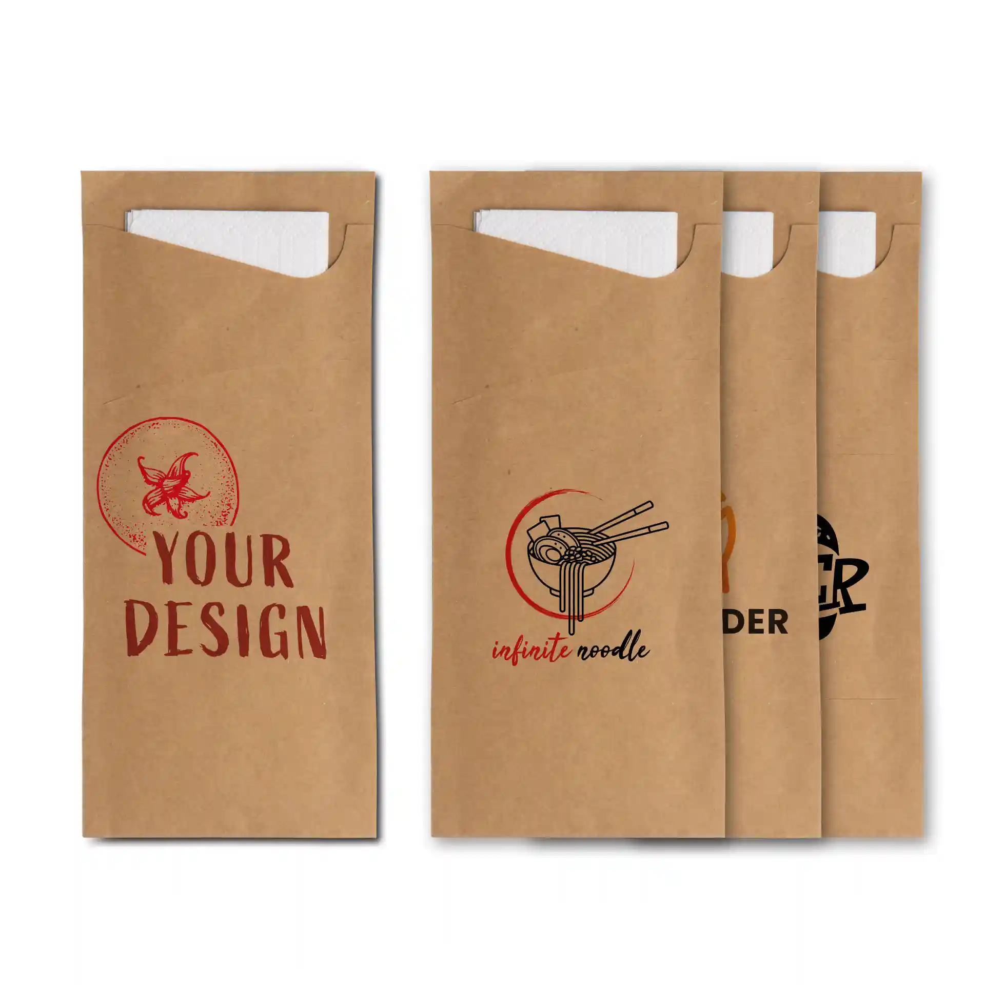 Brown printed cutlery pouches with various designs, including a white napkin inside.