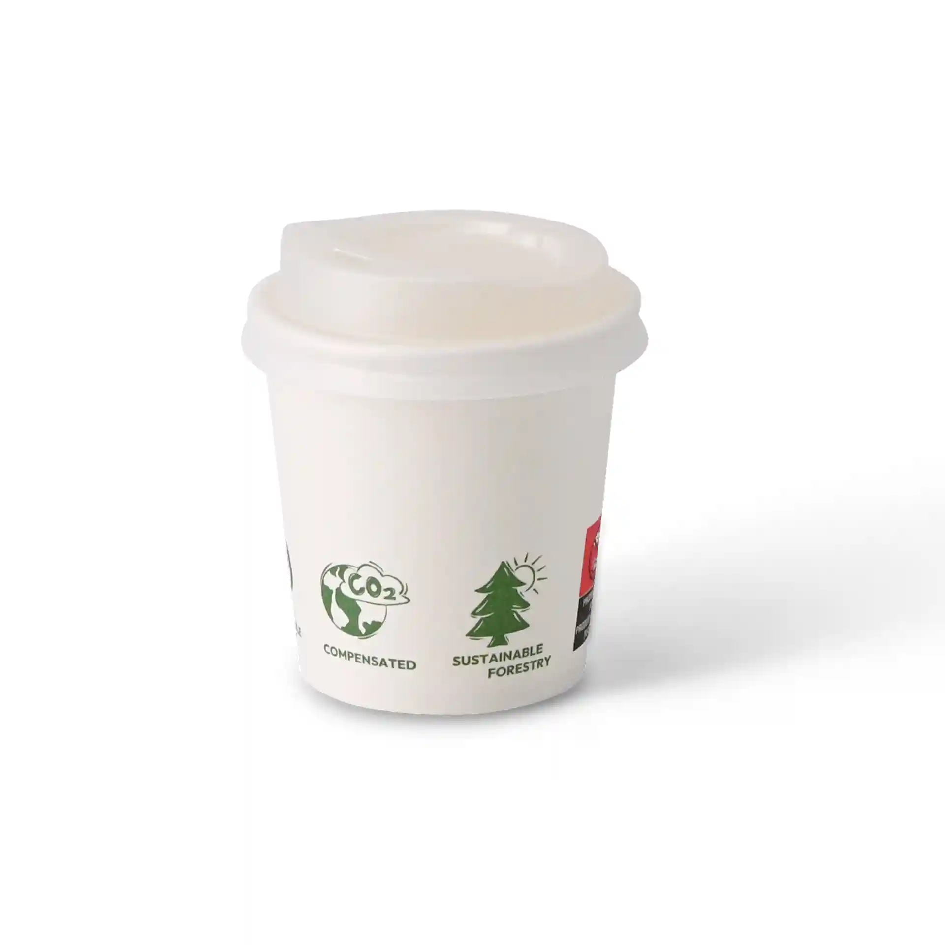Weißer Becher mit einfacher Wand, 100 ml Fassungsvermögen, mit EcoUp©-Symbolen und PLA-beschichteter Oberfläche.