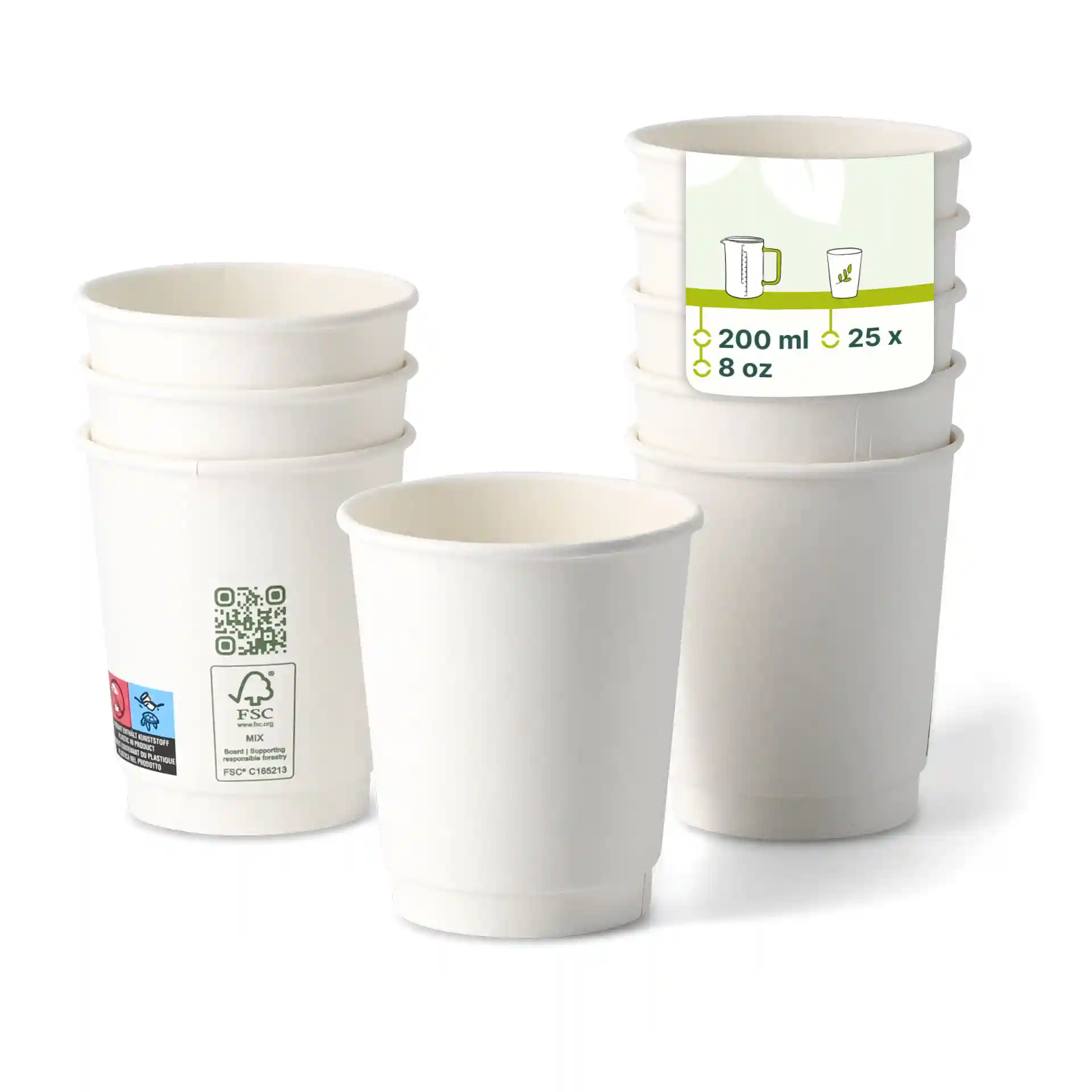 White double wall coffee cup, 200 ml / 8 oz, with several stacked cups and a label showing product details.
