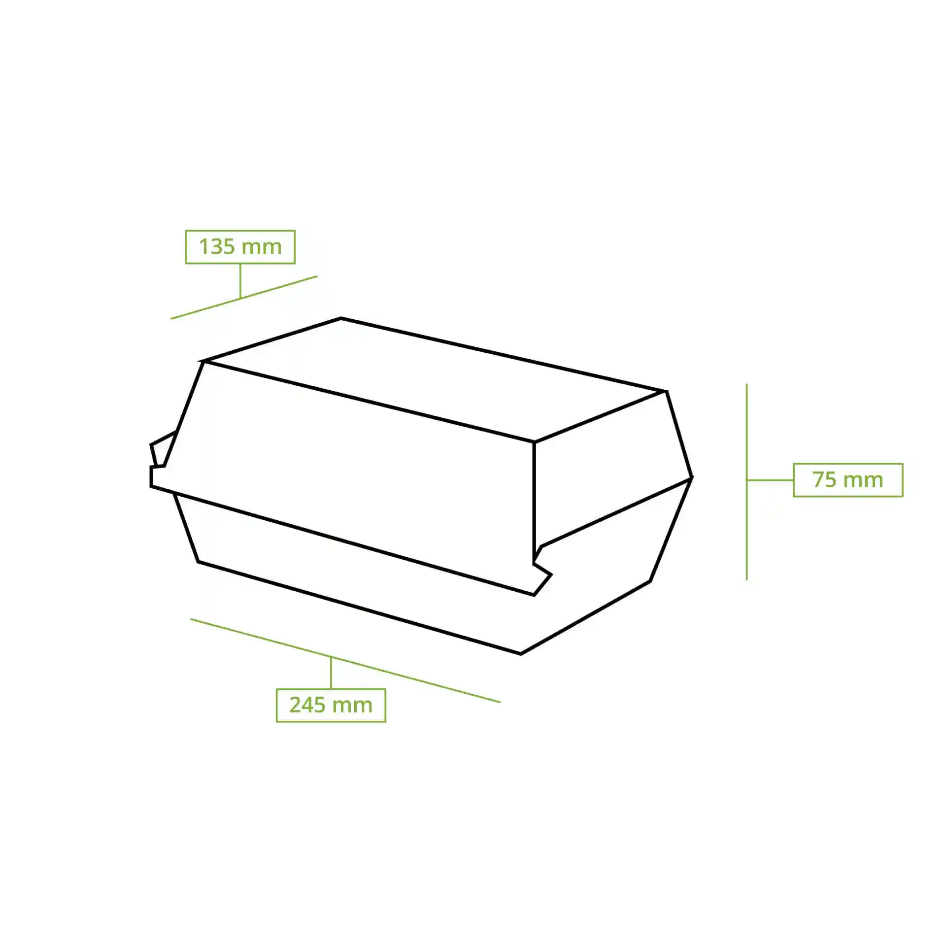Schematic drawing of a rectangular food box with dimensions 247 mm length, 138 mm width, and 75 mm height.
