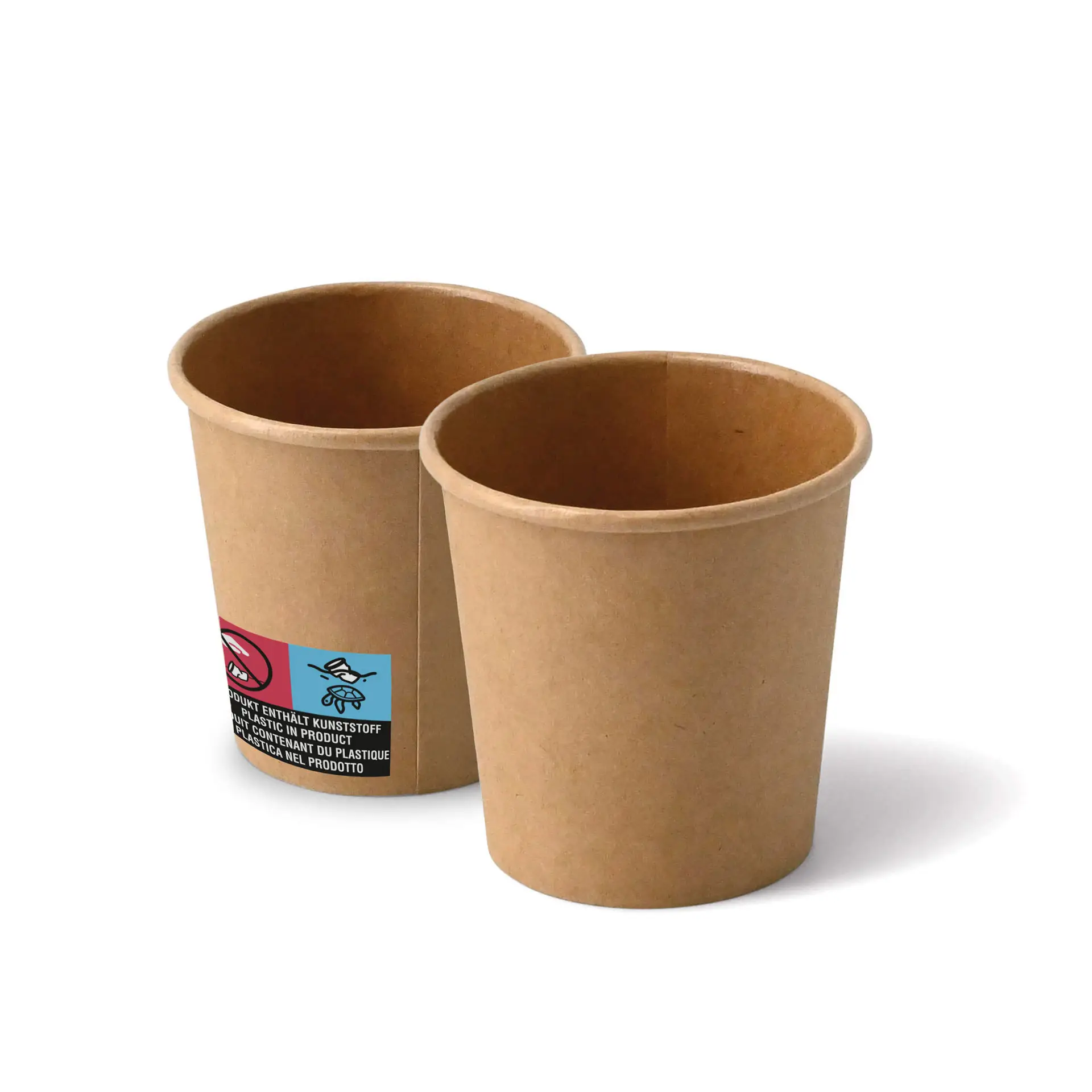 Two brown paper cups (4 oz) with a classic design; one features a label with markings on the side.