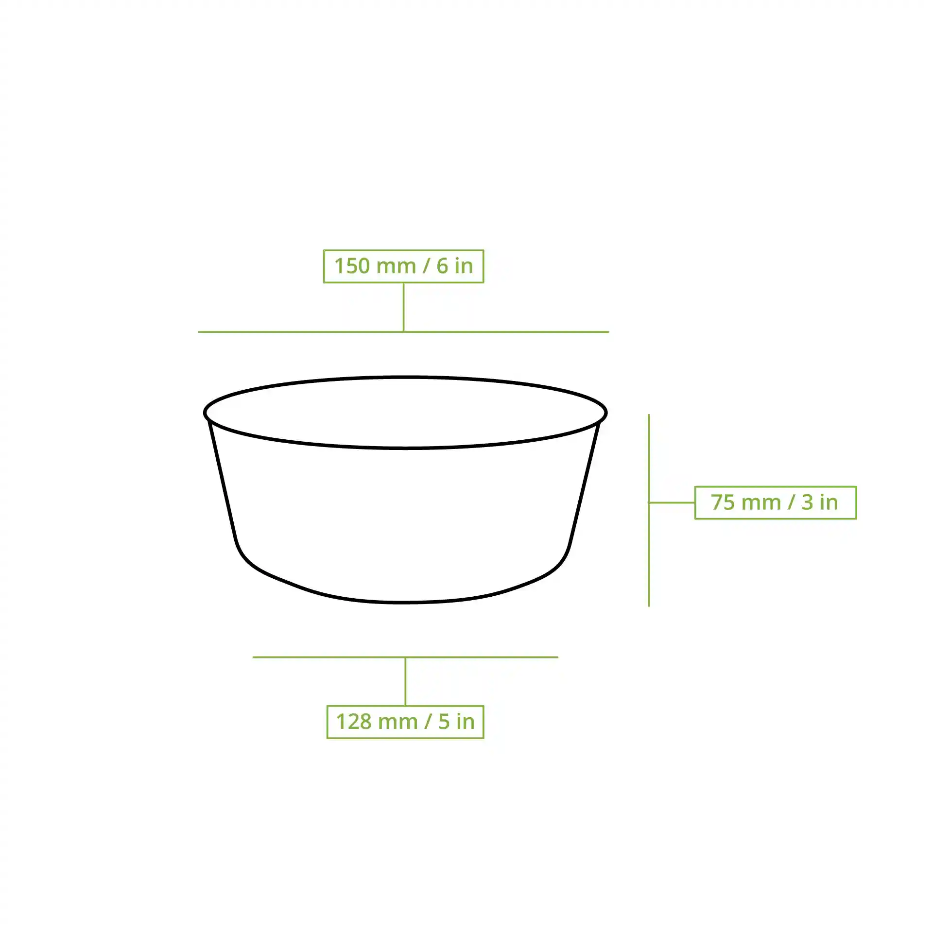 Schematic drawing of a round paper bowl with dimensions: 150 mm diameter, 75 mm height, and 128 mm bottom diameter.