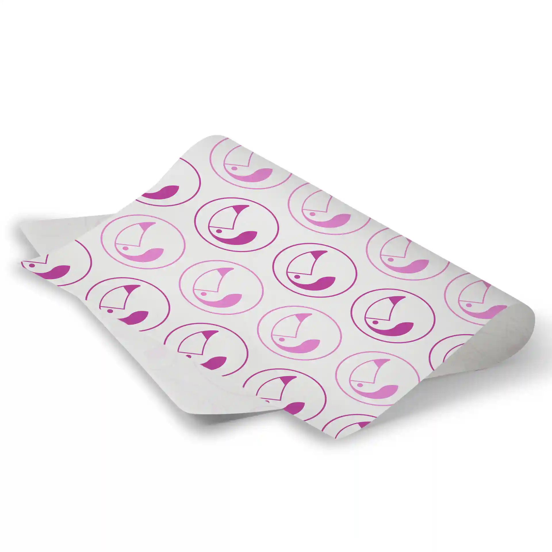 Printed wrapping paper with a white background featuring a repeated pattern of pink and purple circular designs.
