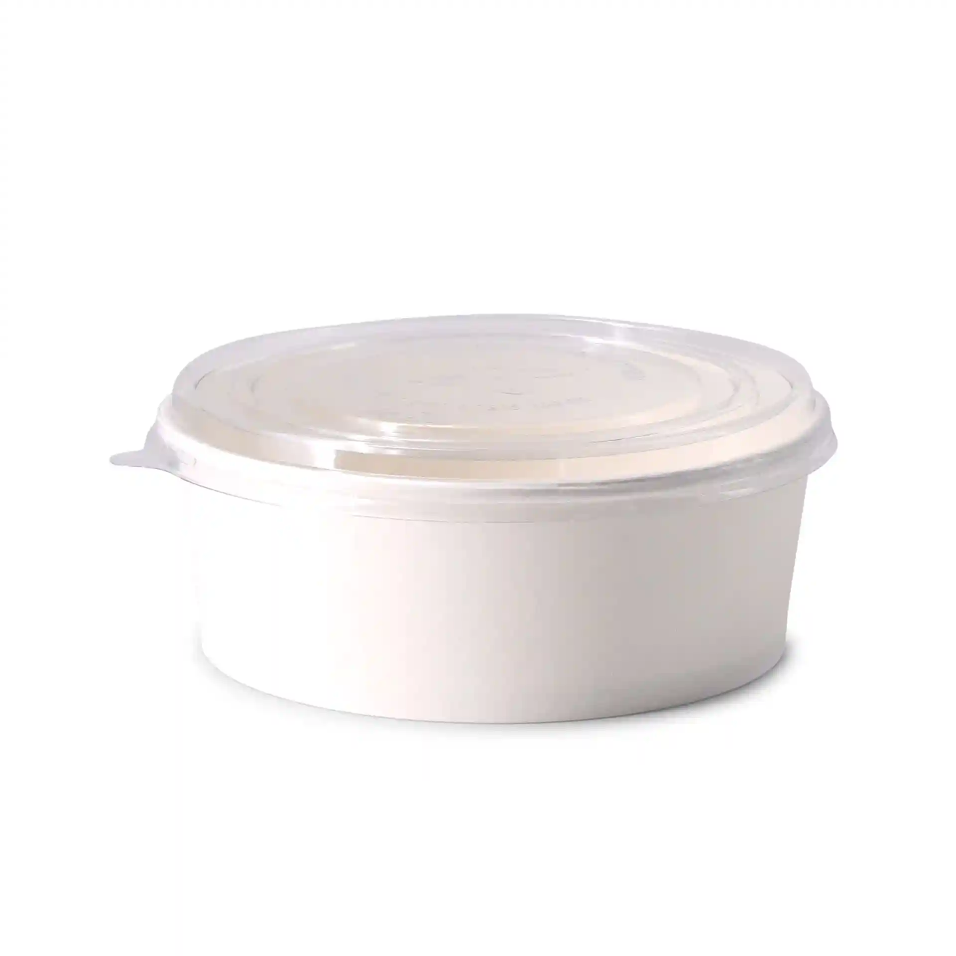 Transparent round cup lid made of rPET, with a diameter of 185 mm and a height of 21 mm.