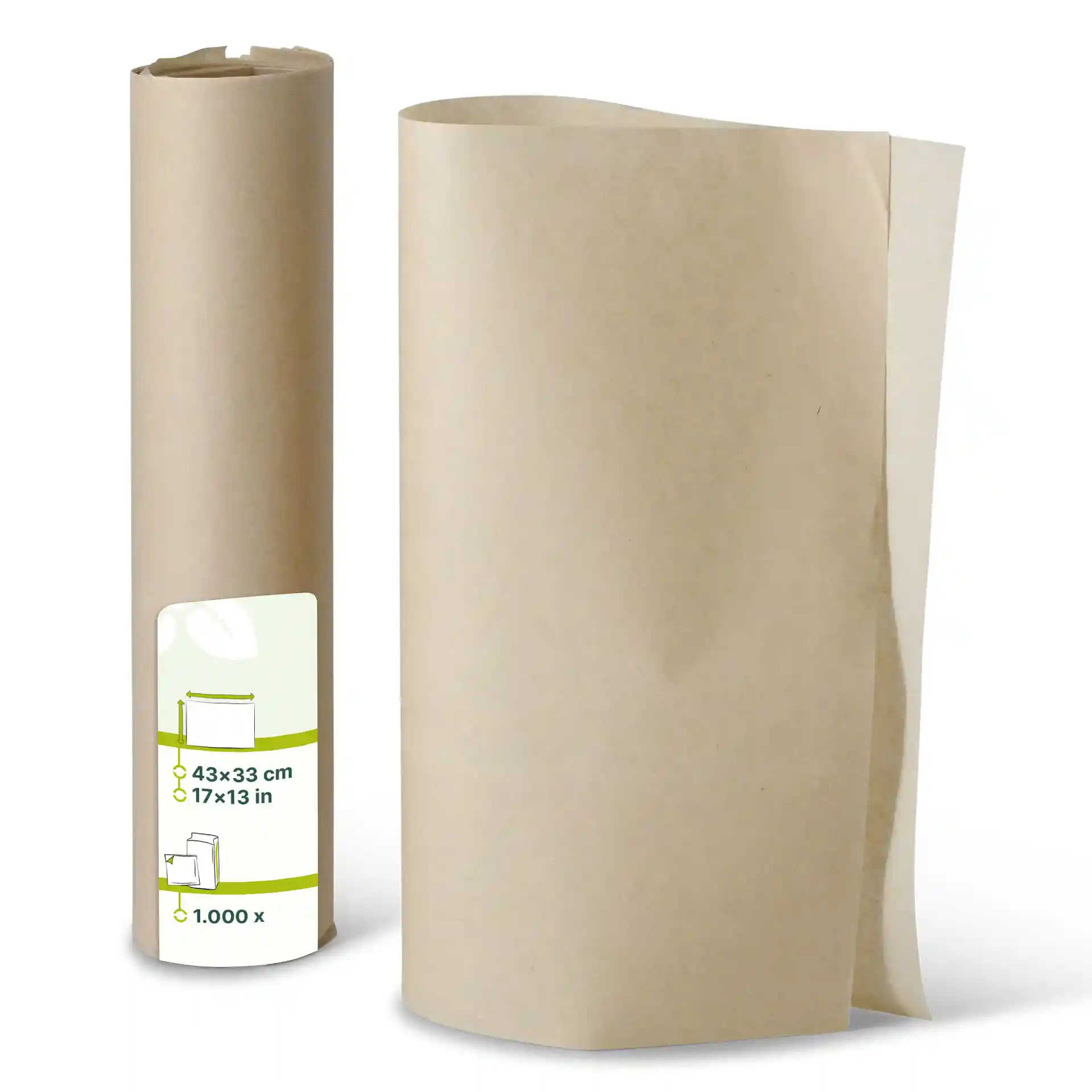 Brown kraft food wrapping paper sheets, rolled, measuring 43 x 33 cm, with a label showing dimensions.