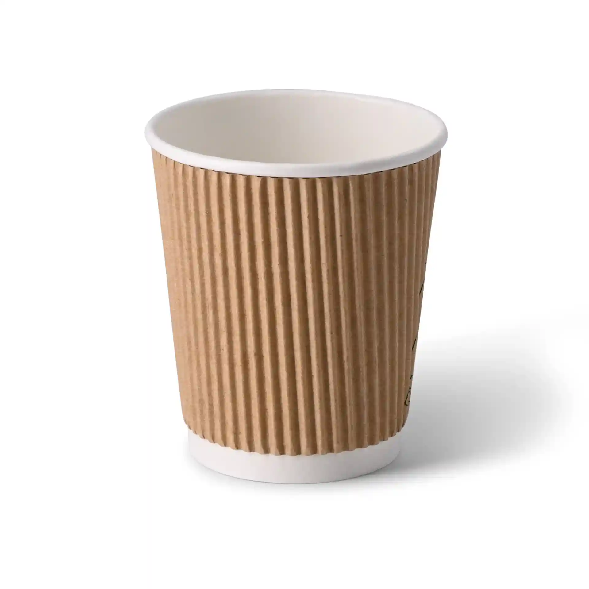 Brauner Wellpappbecher mit weißer Innenbeschichtung, 8 oz Fassungsvermögen, runde Form und 92 mm Höhe.
