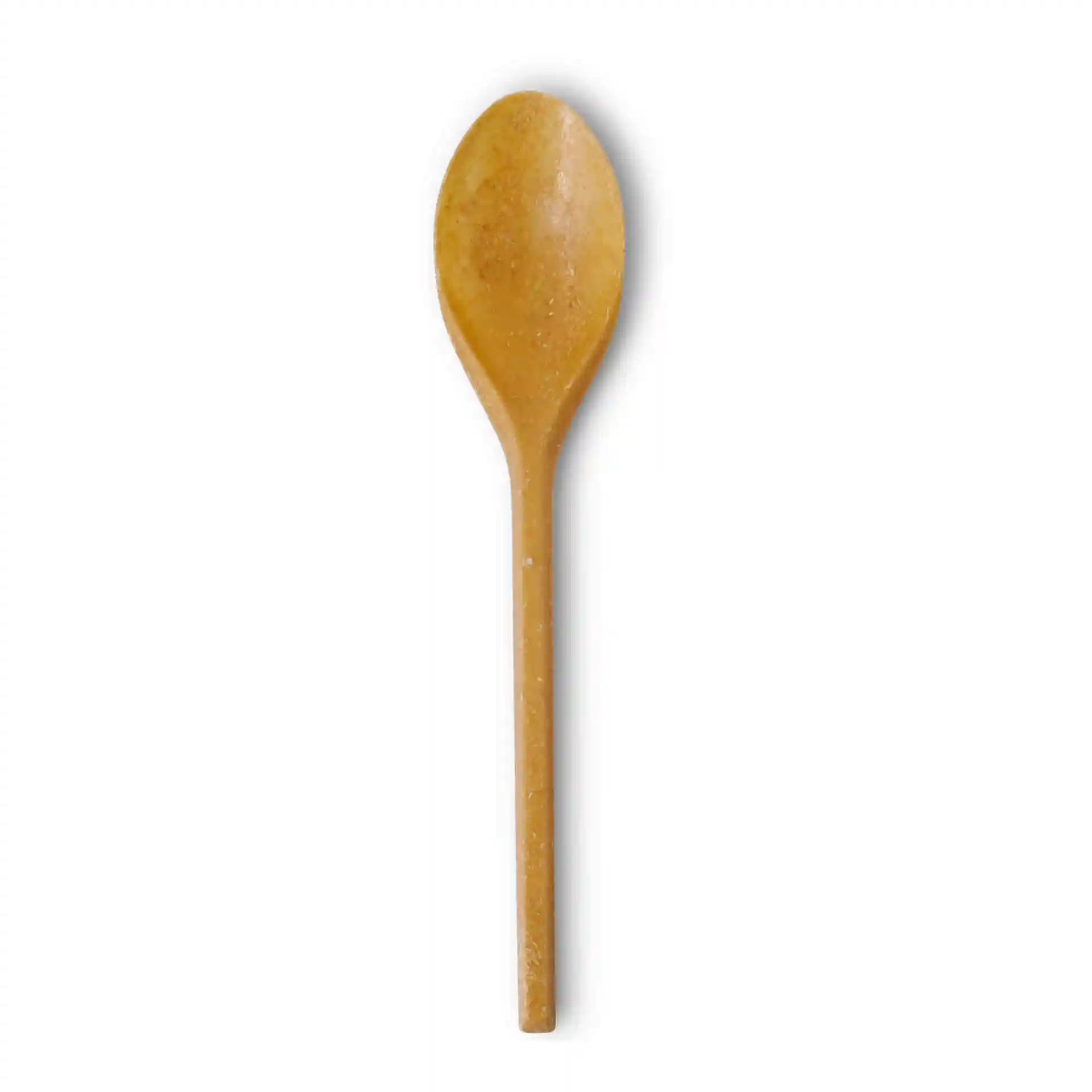 Brown reusable spoon, 18 cm long, made from bio compound material, shown on a plain background.