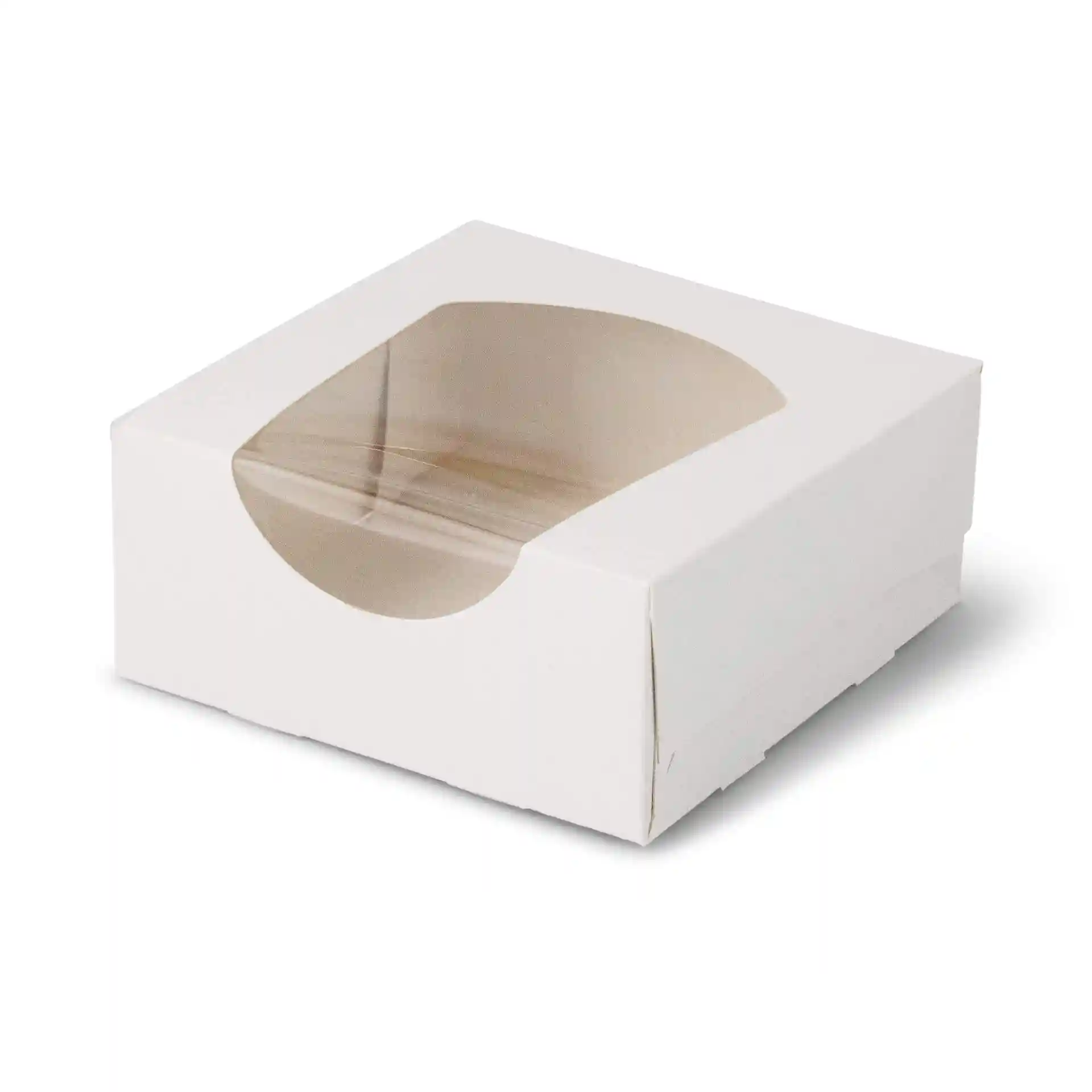 Weiße Kartonfensterbox, rechteckige Form, 12 x 12 x 4 cm, mit klarem Zellulosefenster.